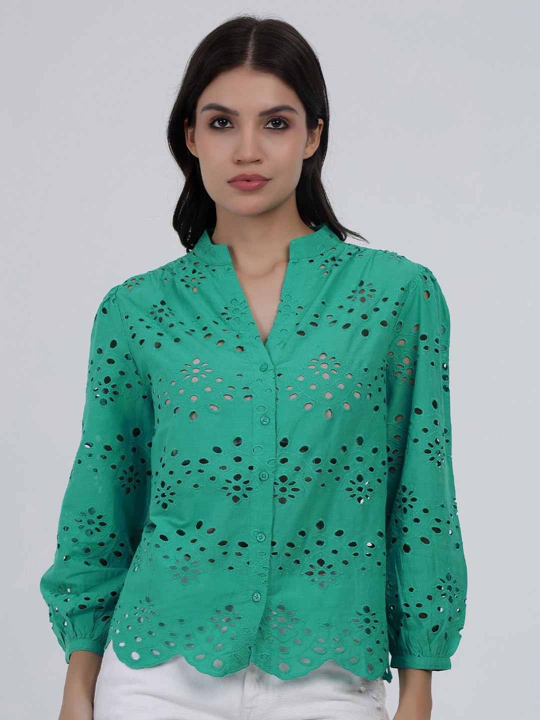 Peppinos Eyelet Embroidered Cotton Top with Scalloped Hem