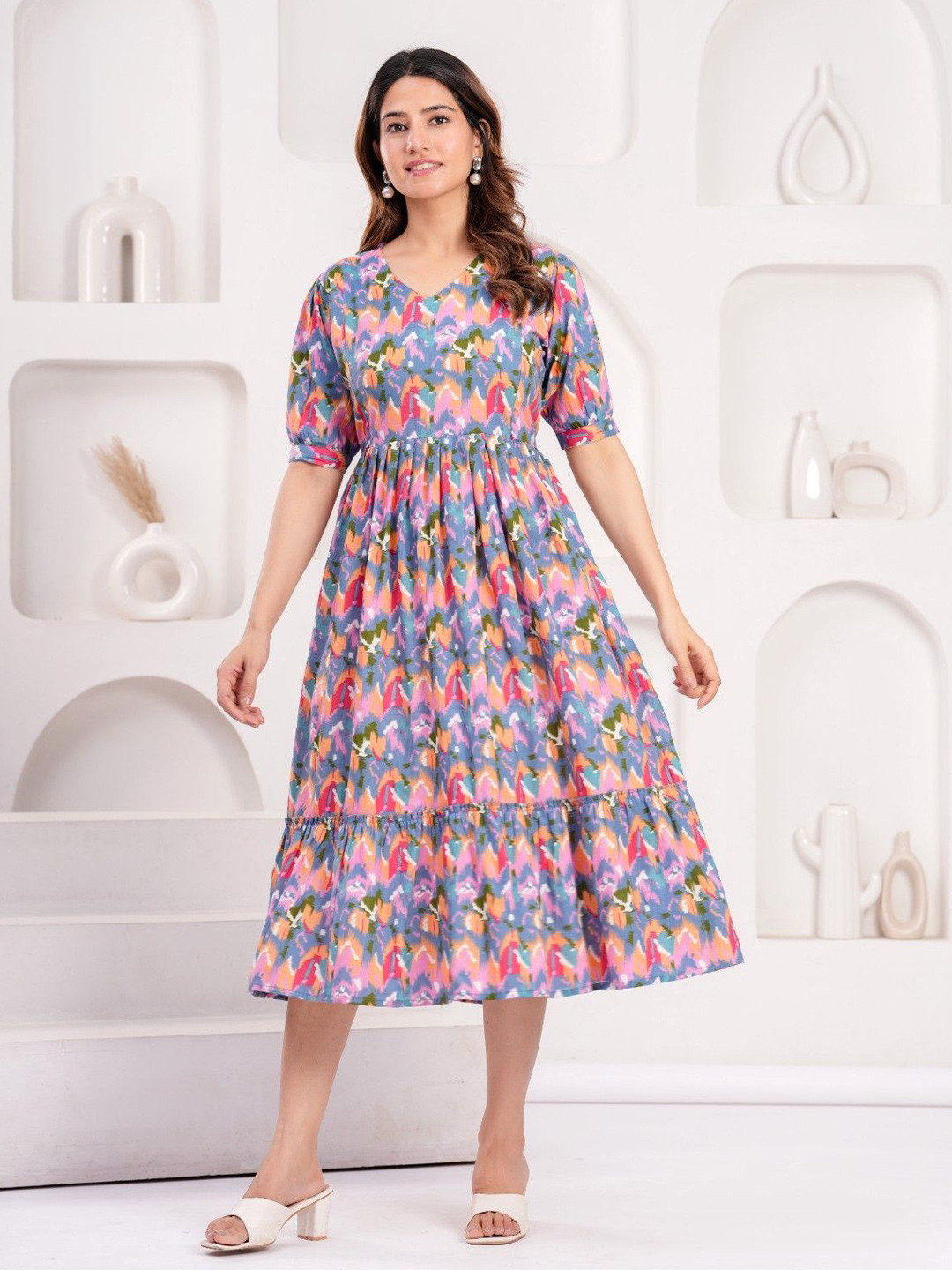 UrbanRang Women Puff Sleeve Maternity Pure Cotton Fit and Flare Dress