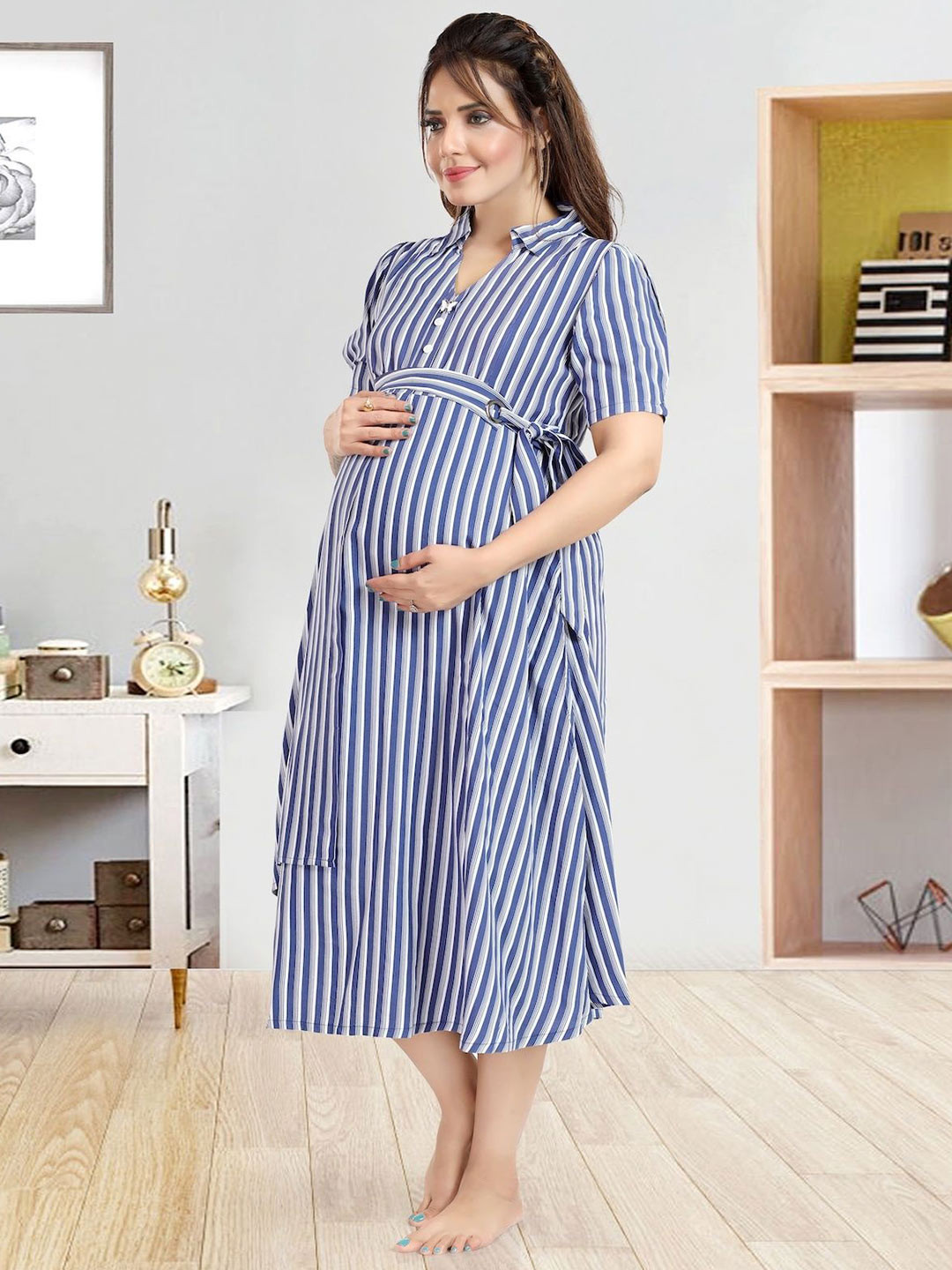 MomsBae Women Nautical Striper Feeding Dress