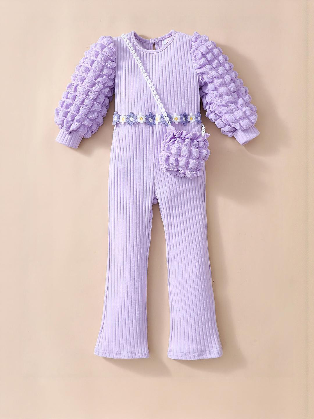 Hopscotch Girls Lavender Floral Applique Bishop Sleeves Polyester Jumpsuit With Sling Bag