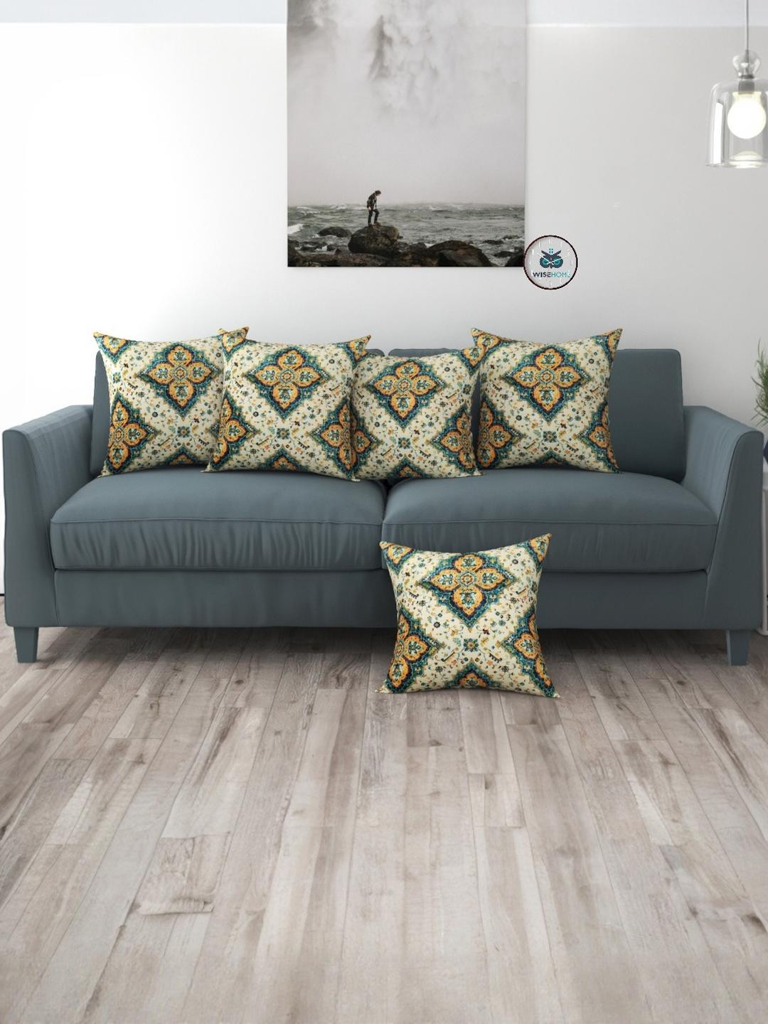 WISE HOME Set of 5 Green Velvet 16x16 Inch Printed Cushion Covers