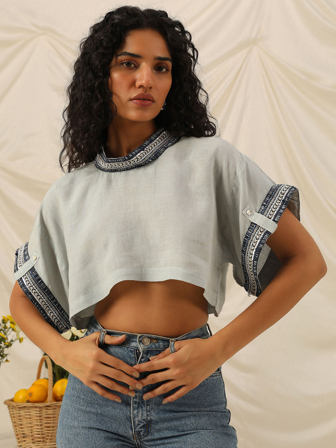 PRIMAL GRAY Women Solid Round Neck Oversize Crop Top
