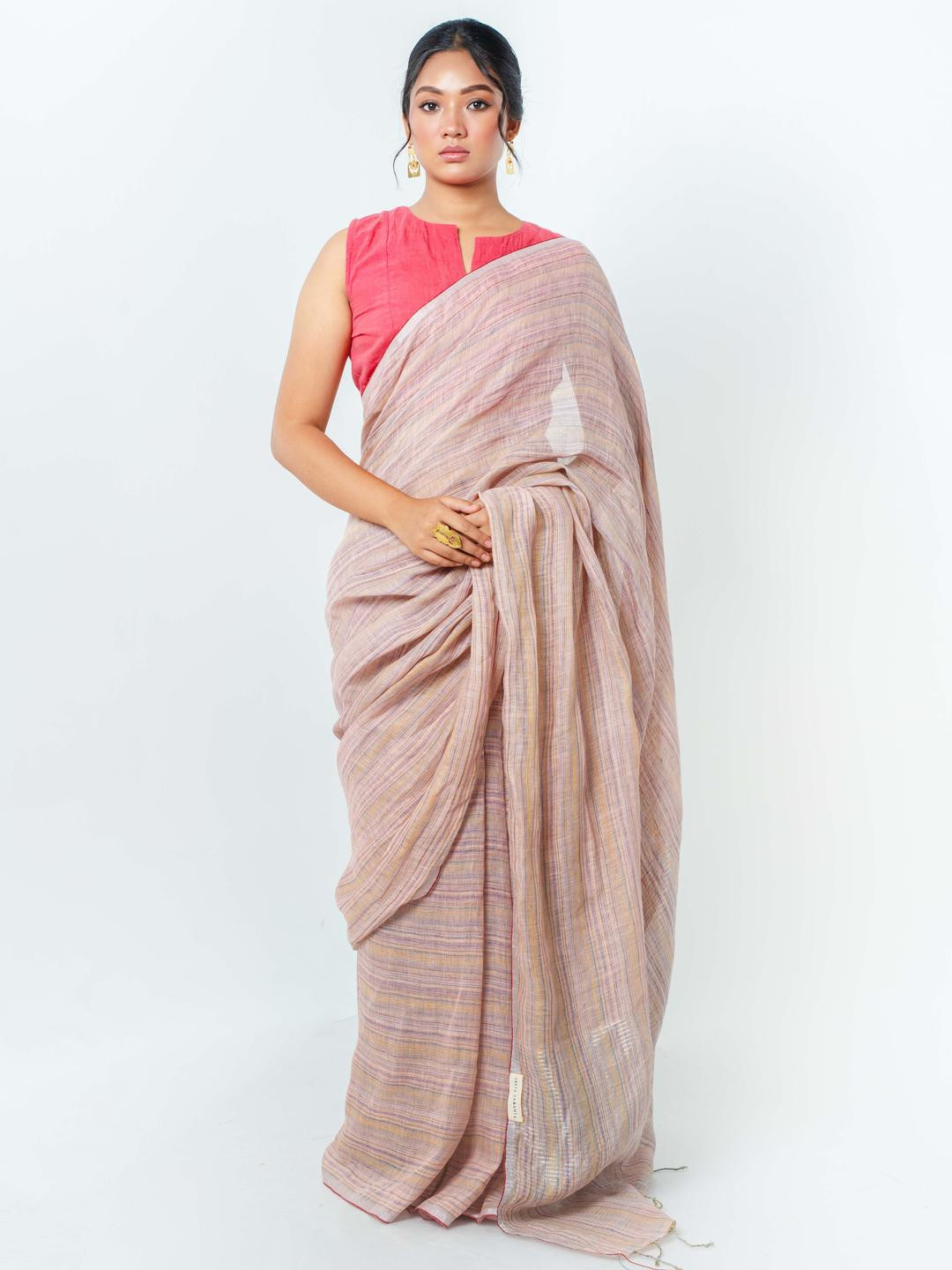 SREYA SAMANTA Striped Pure Linen Taant Saree