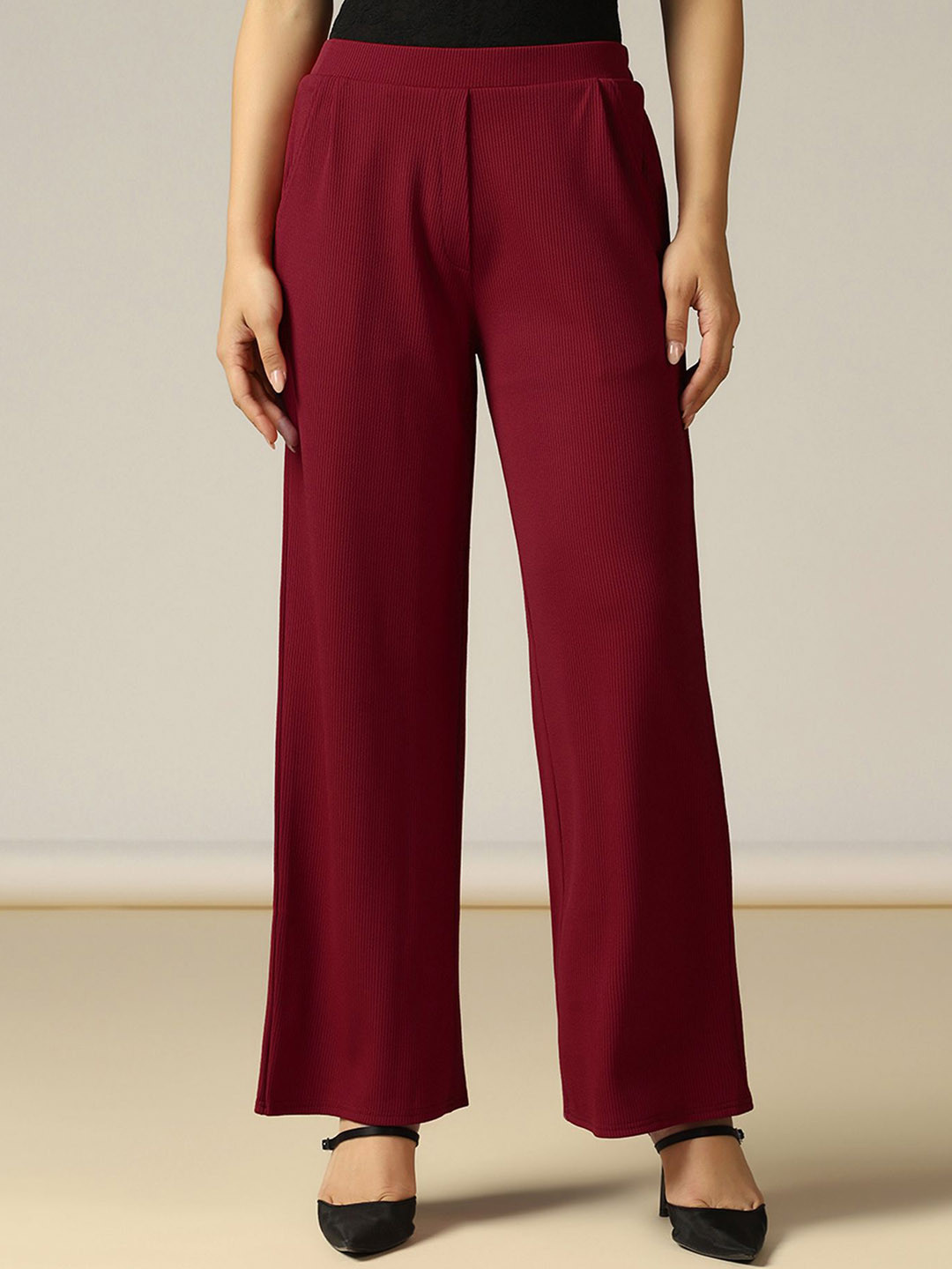 Selvia Edge Women Maroon Wide Leg Relaxed Fit Trousers