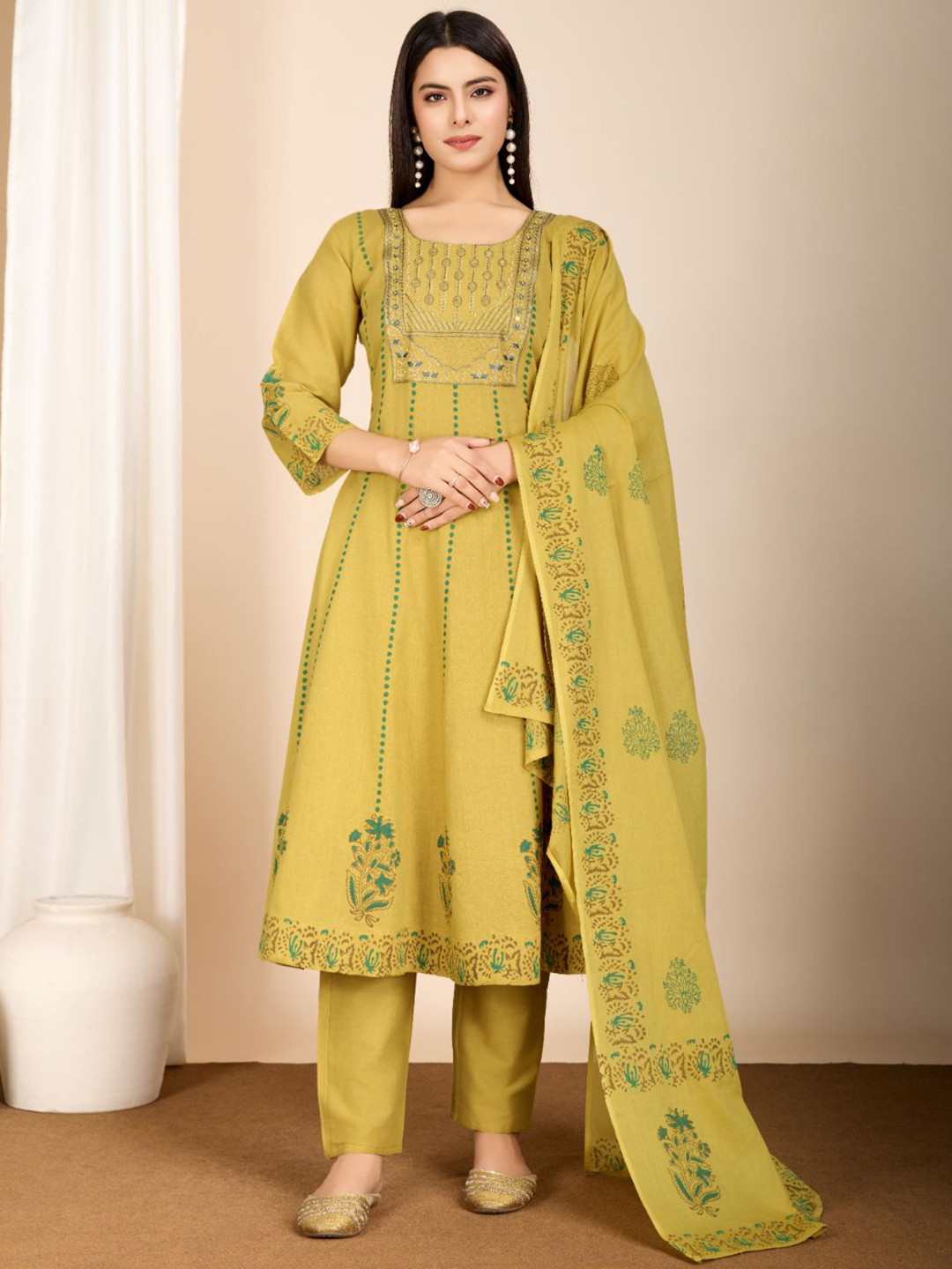 GRISHU COLLECTION Floral Embroidered Cotton Slik A-Line Kurta & Trousers With Dupatta