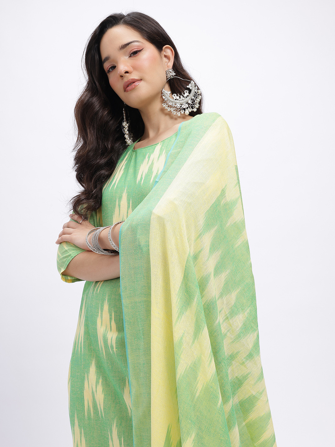 HERE&NOW Ikat Design Cotton Kurta with Trousers & Dupatta