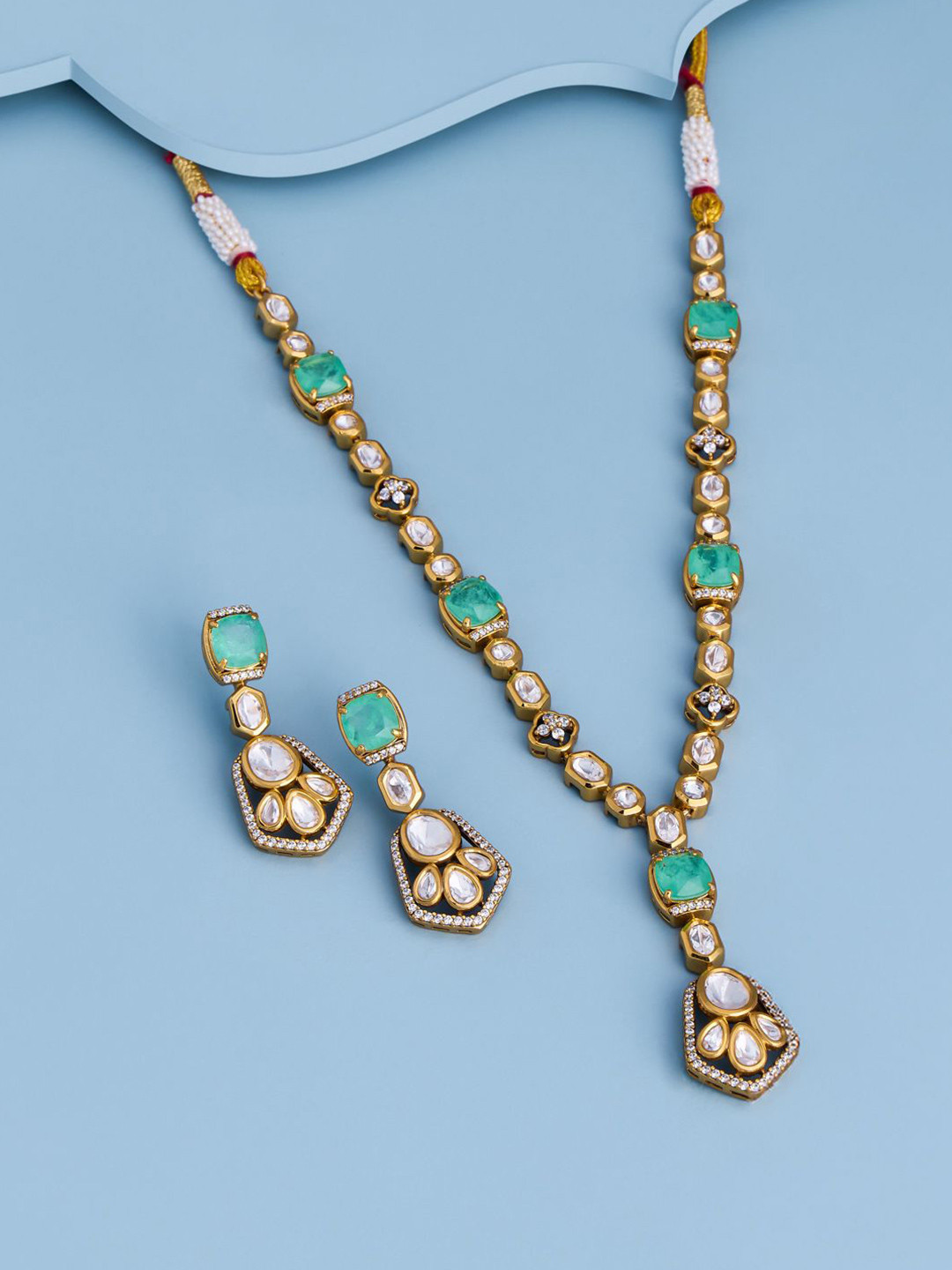 Kushal's Fashion Jewellery Mint Victorian-Plated Ethnic Kundan Necklace & earring  Set