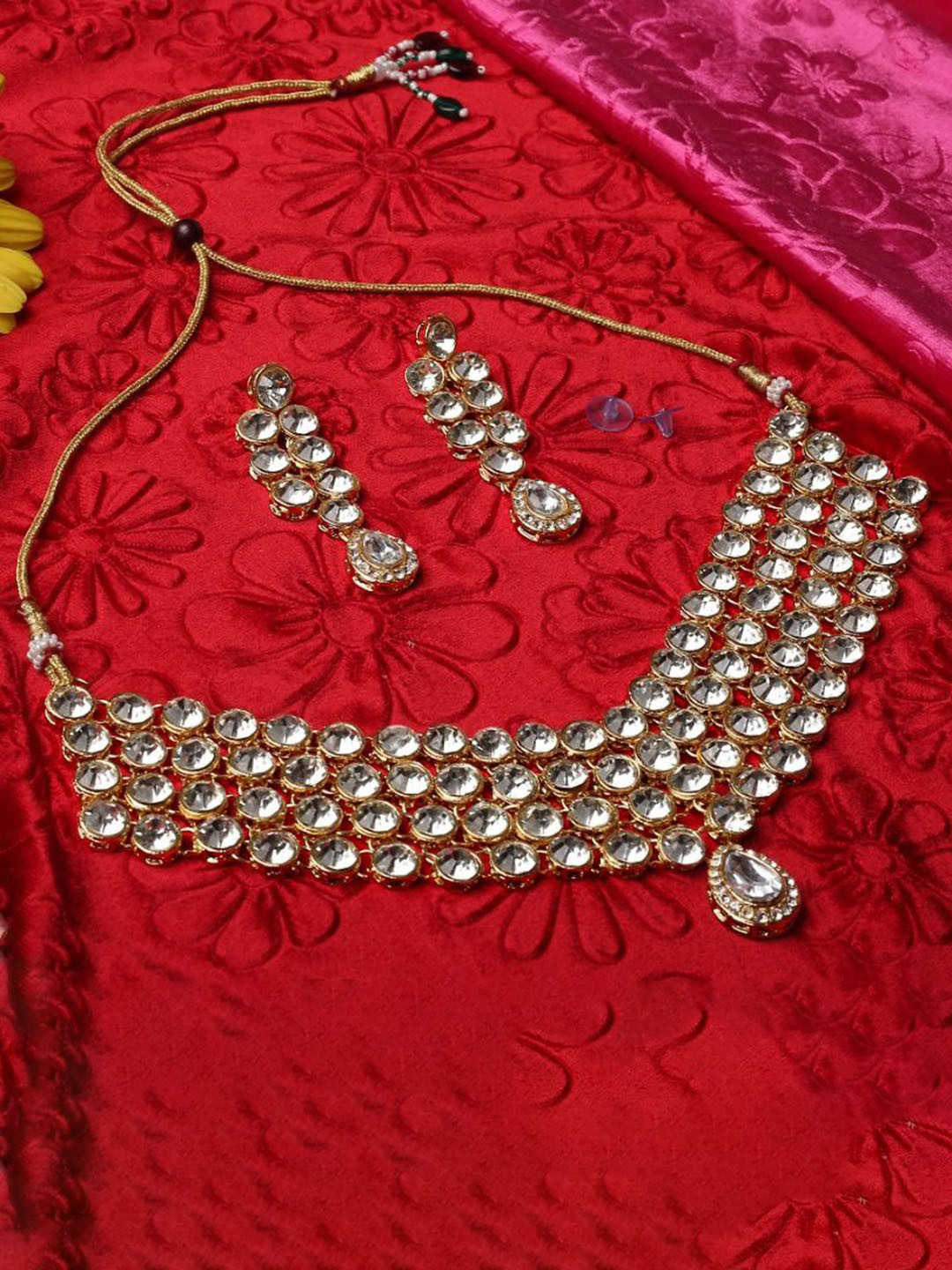 JMC JEWELLERY Gold-Plated Artificial Stones Studded Traditional Jewellery Set