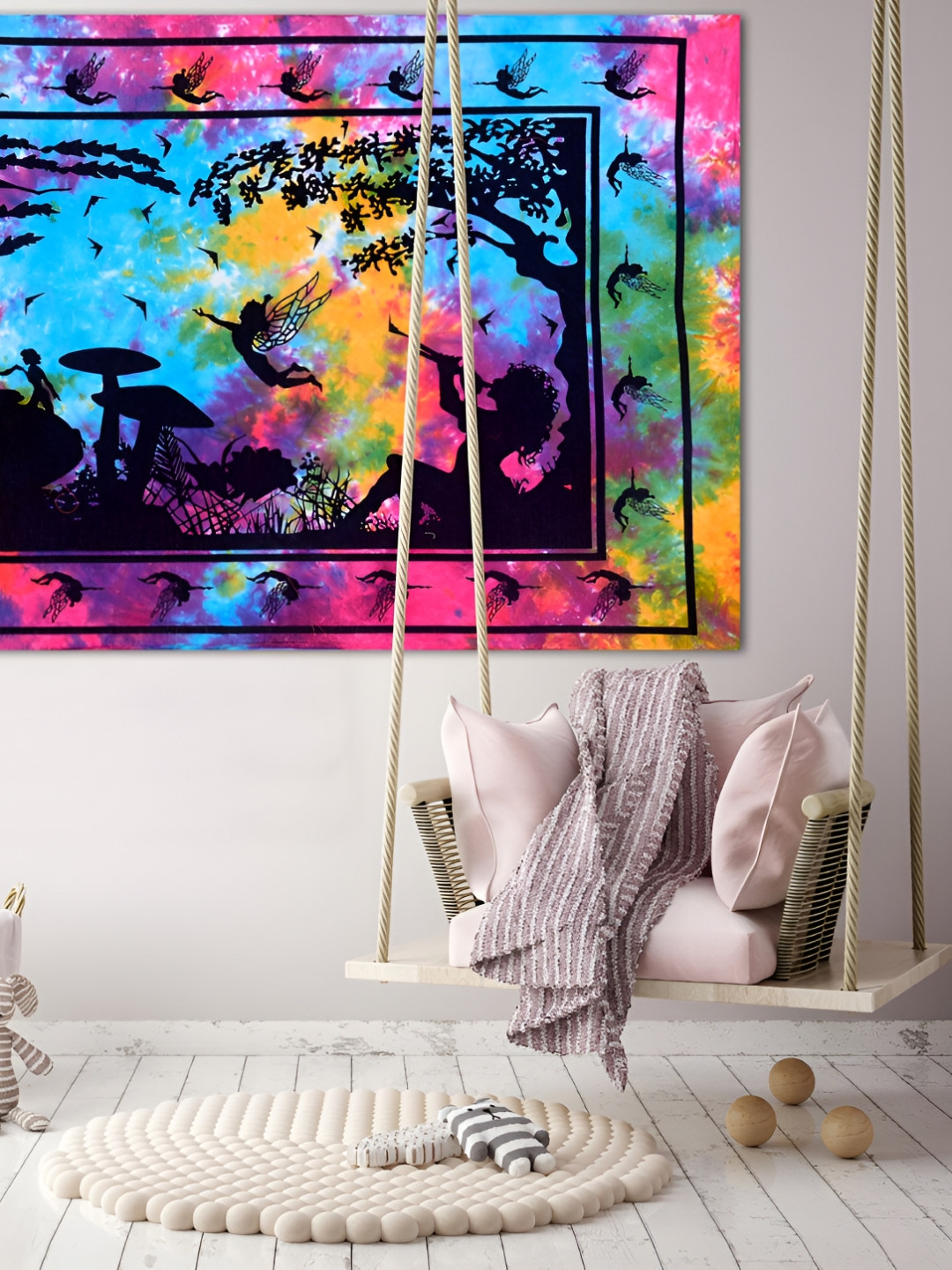 HANDICRAFT PALACE Blue & Pink Fairy Land Printed Pure Cotton Wall Hanging Tapestry