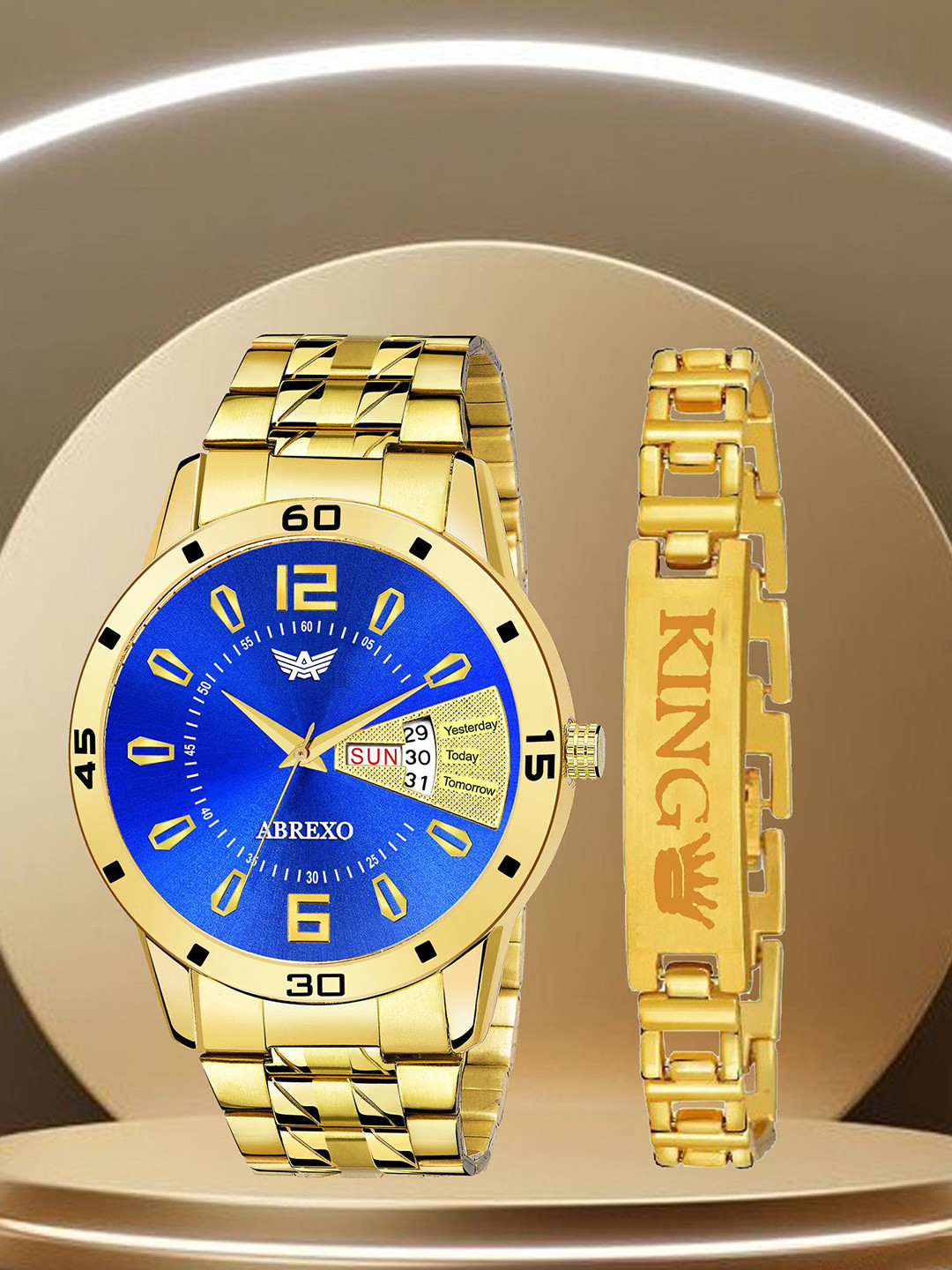 Abrexo Men Bracelet Style Analogue Watch & Bracelet Gift Set Abx1220-Blue plus Gold King