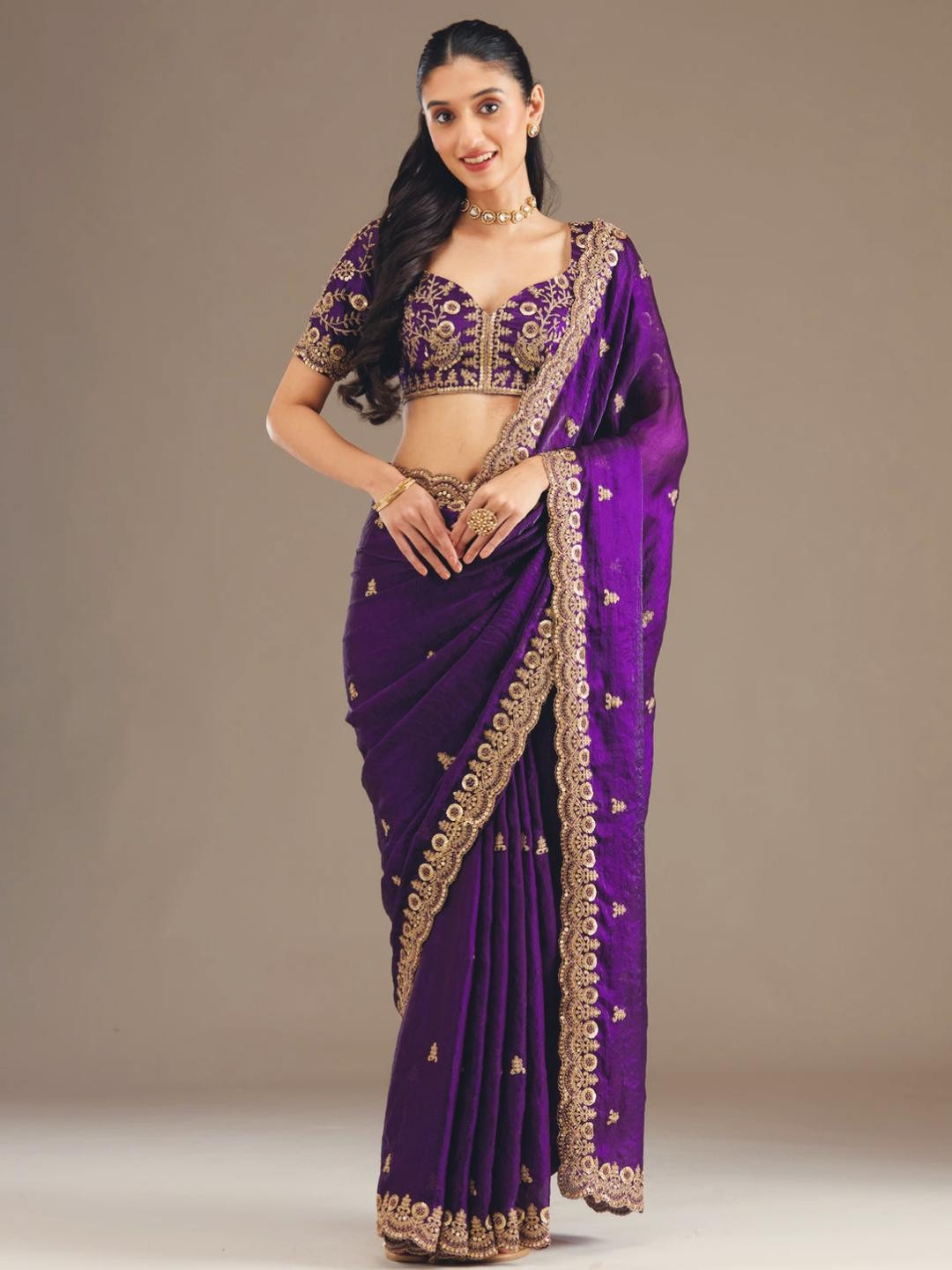 KALINI Purple Poly Chiffon Embroidered Sarees