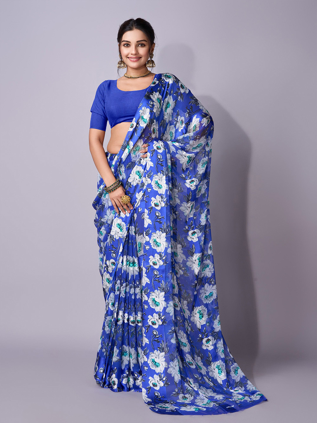 GHAN SALS Floral Printed Satin Bagh Saree