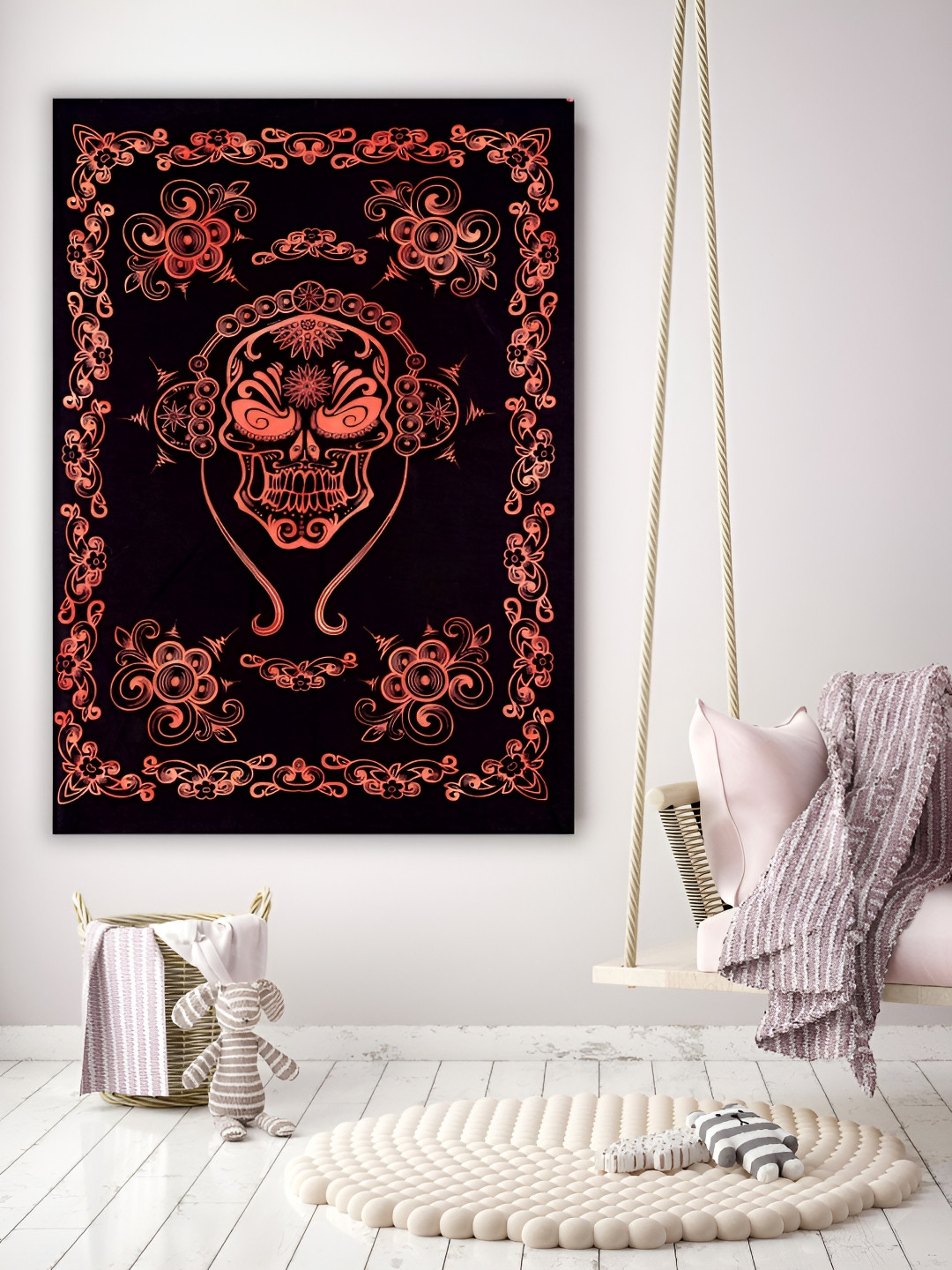HANDICRAFT PALACE Orange & Black Music Skull Printed Pure Cotton Wall Hanging Tapestry
