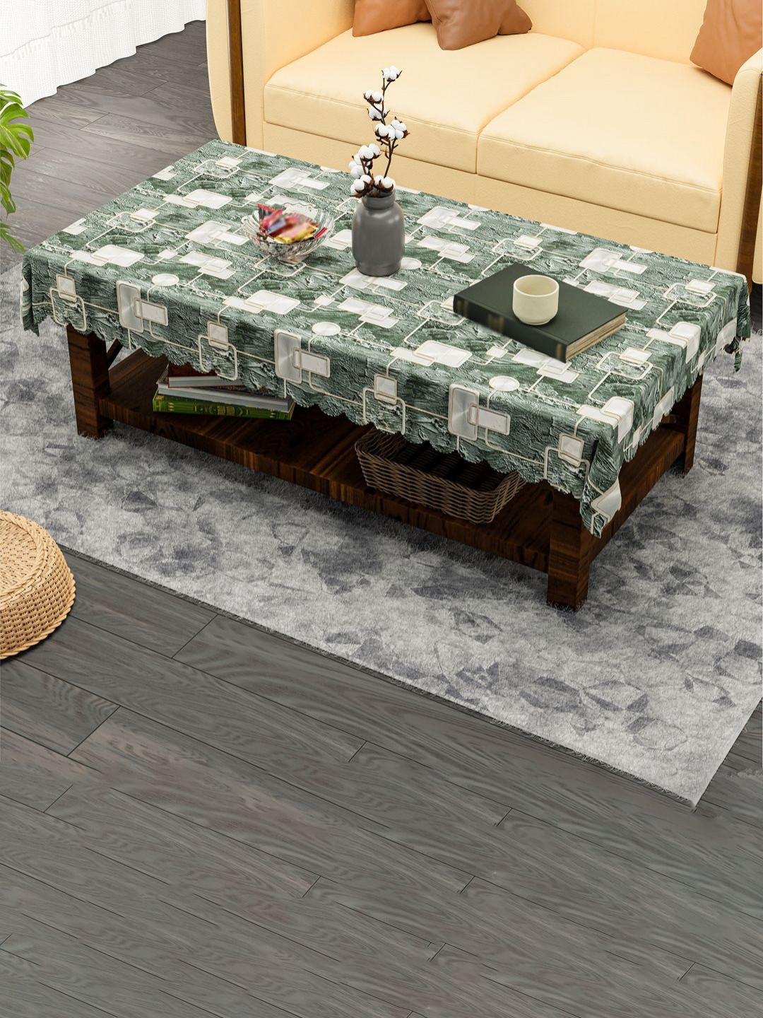Aura Grey & Green Check Circle Waterproof 4-Seater Table Cover