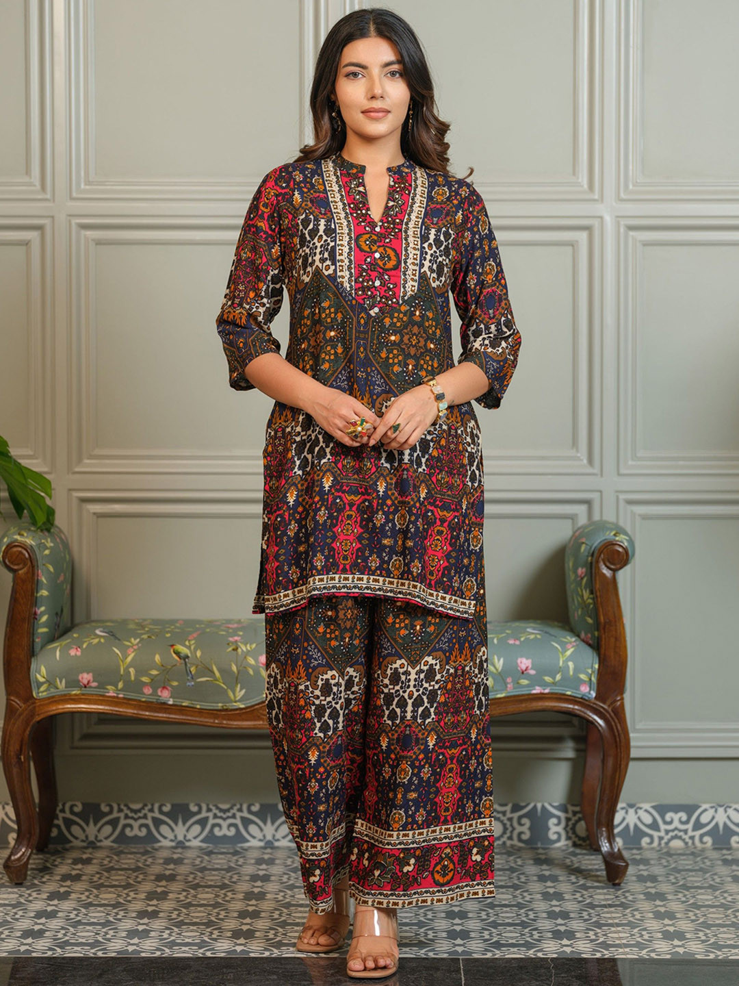 AUTUMN LANE Women Tashvika Walnut Printed Mandarin Collar Top With Trousers Co-Ords