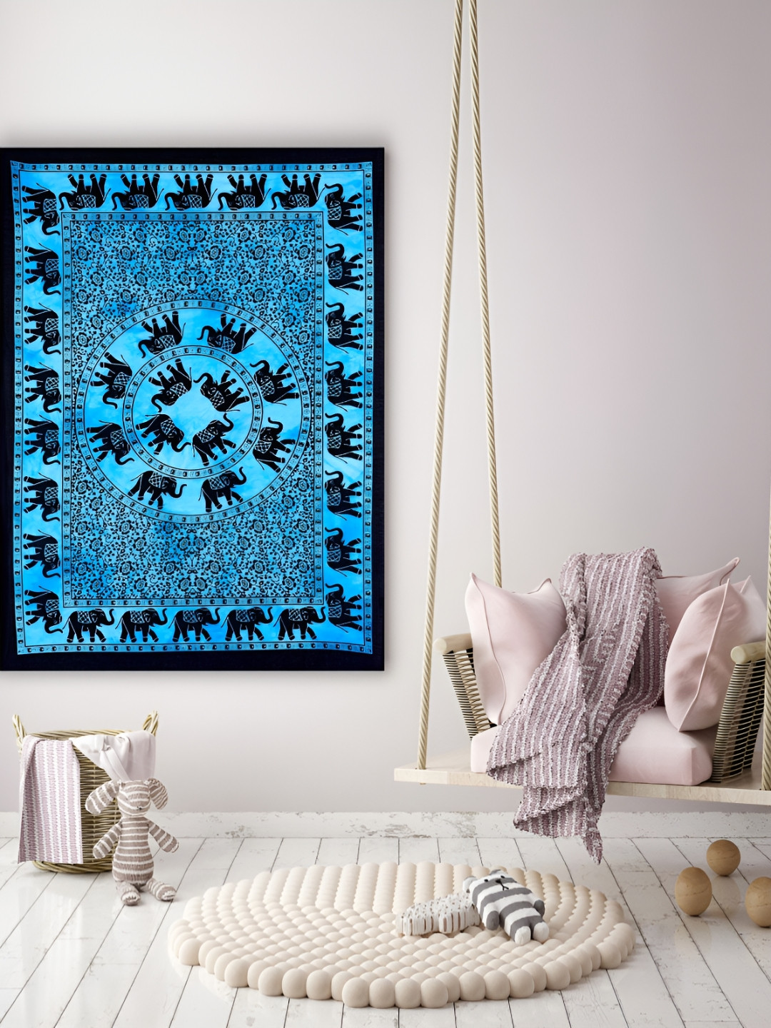 HANDICRAFT PALACE Turquoise Blue Elephant Mandala Pure Cotton Wall Hanging Tapestry