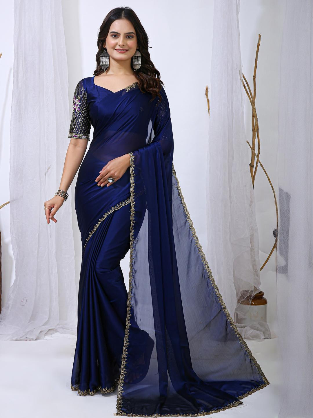 KALINI Blue Silk Blend Embroidered Sarees