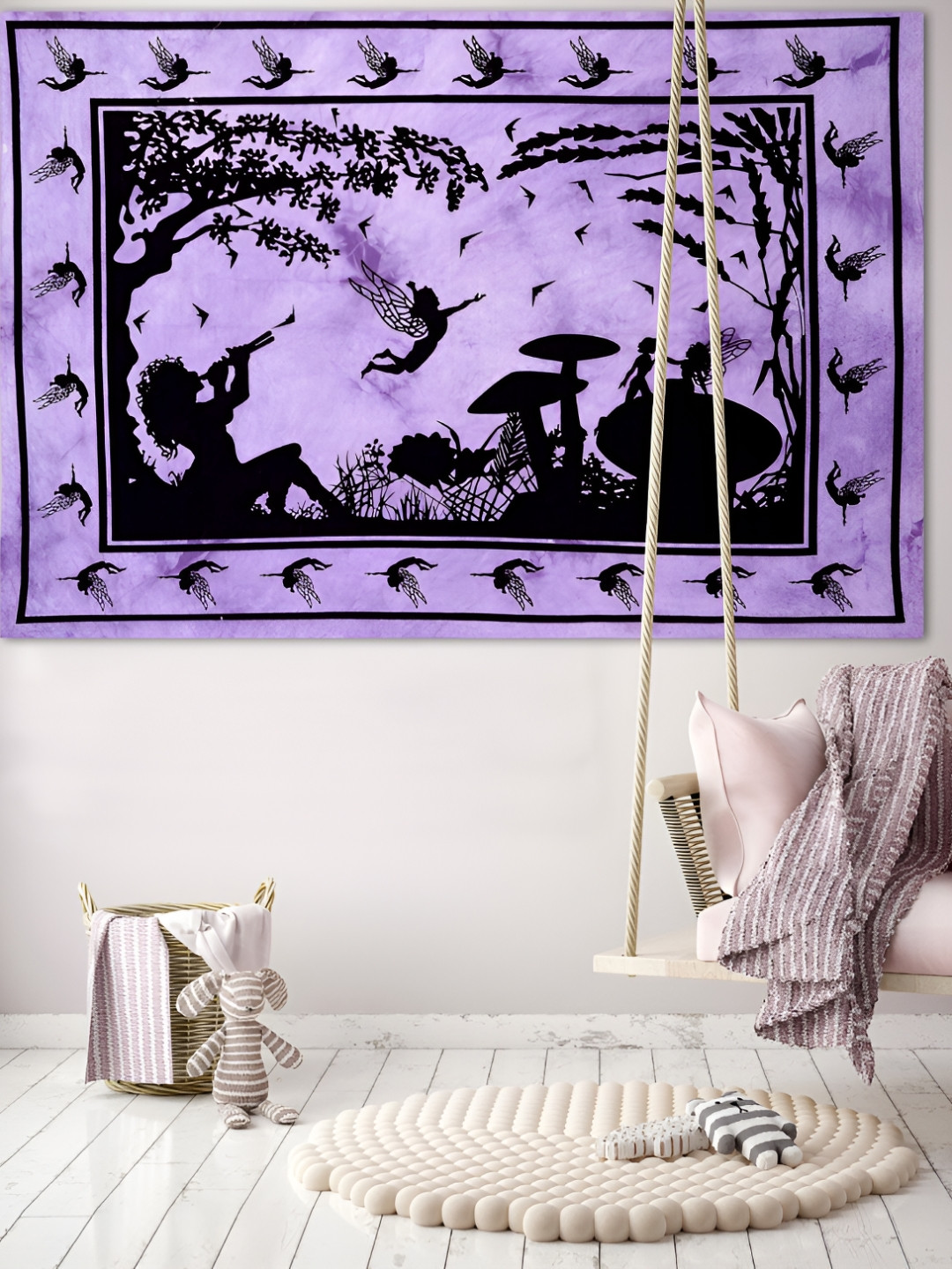 HANDICRAFT PALACE Purple & Black Fairy Land Printed Pure Cotton Wall Hanging Tapestry