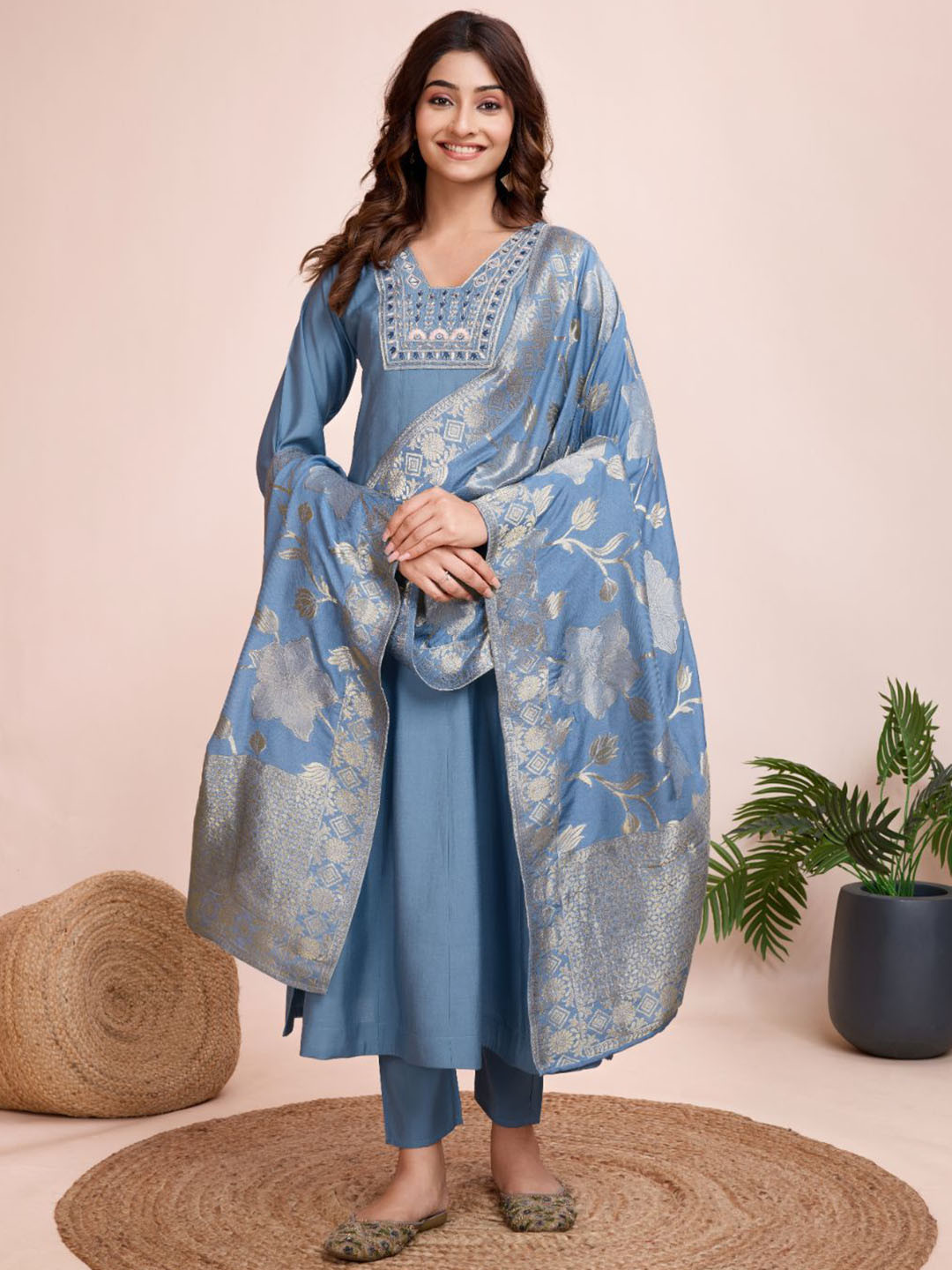 GRISHU COLLECTION A Line Pure Silk Kurta With Trousers & Dupatta