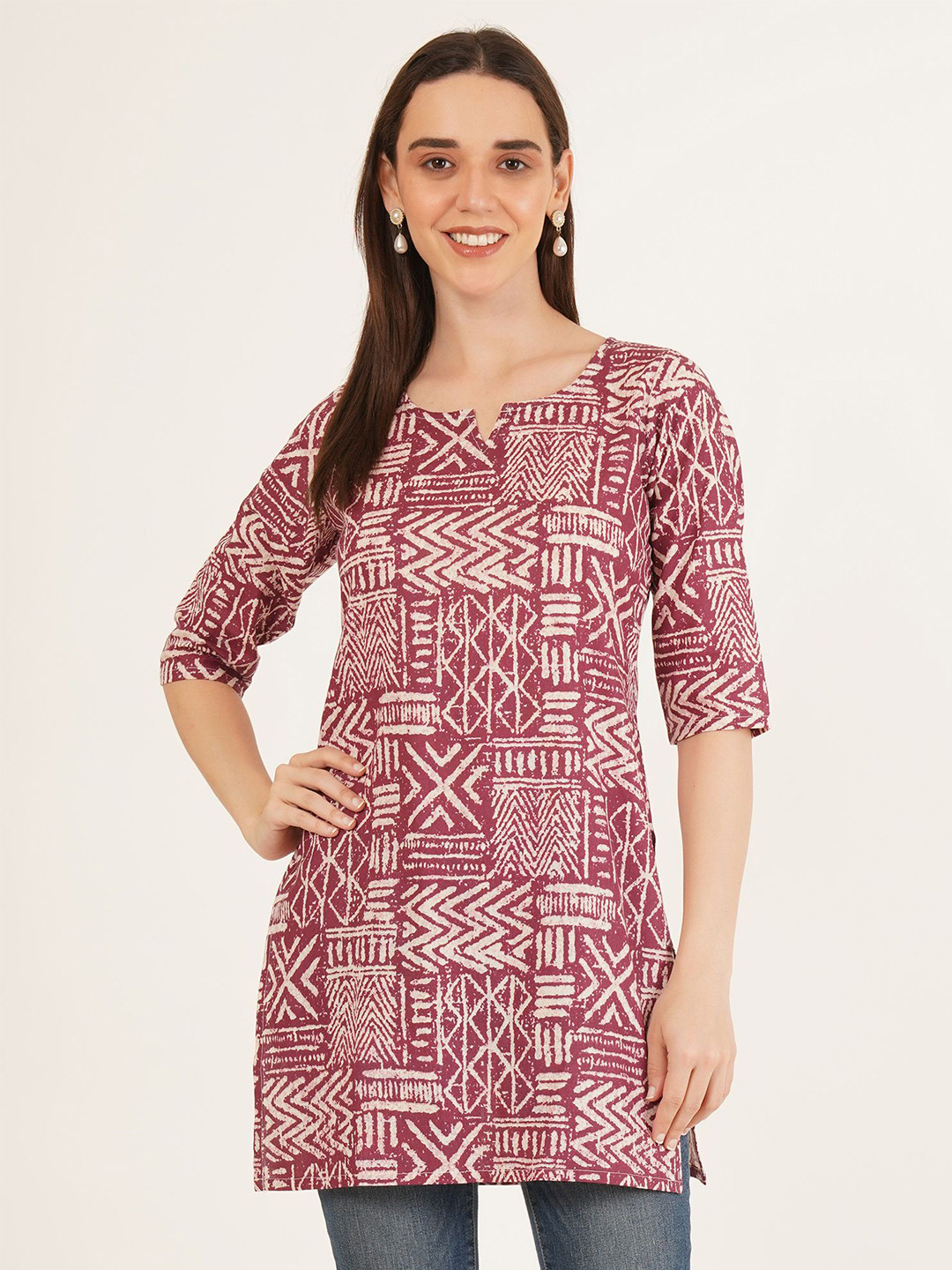 Brownverse Women Ethnic Motifs Printed V-Neck A-Line Regular Khadi Kurti