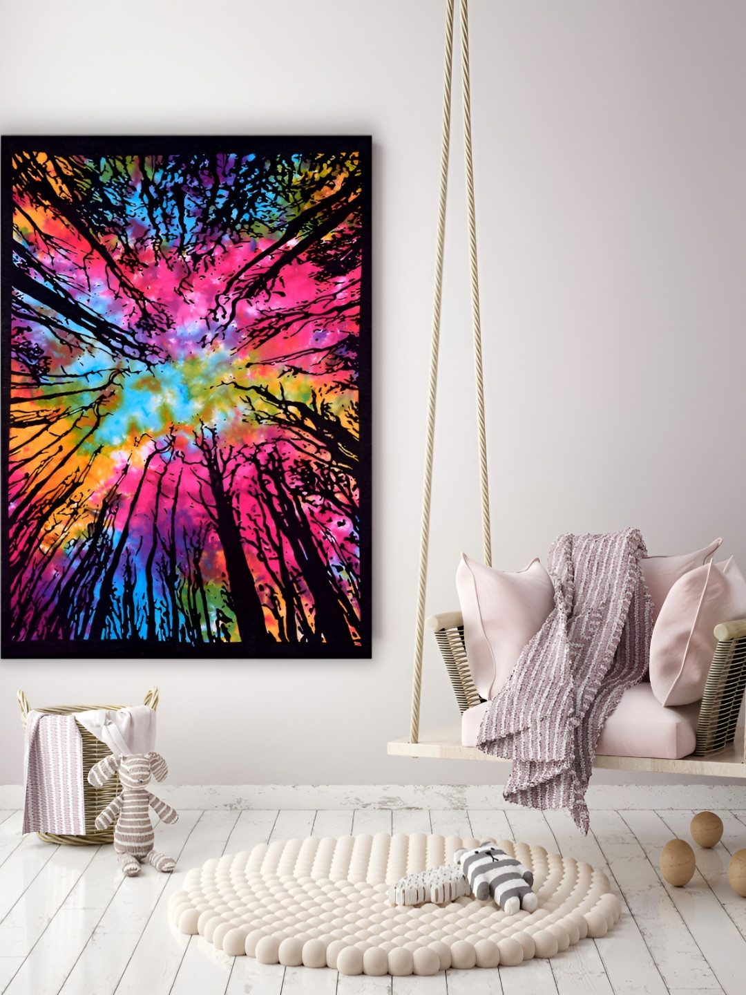 HANDICRAFT PALACE Pink & Black Dark Forest Printed Pure Cotton Wall Hanging Tapestry