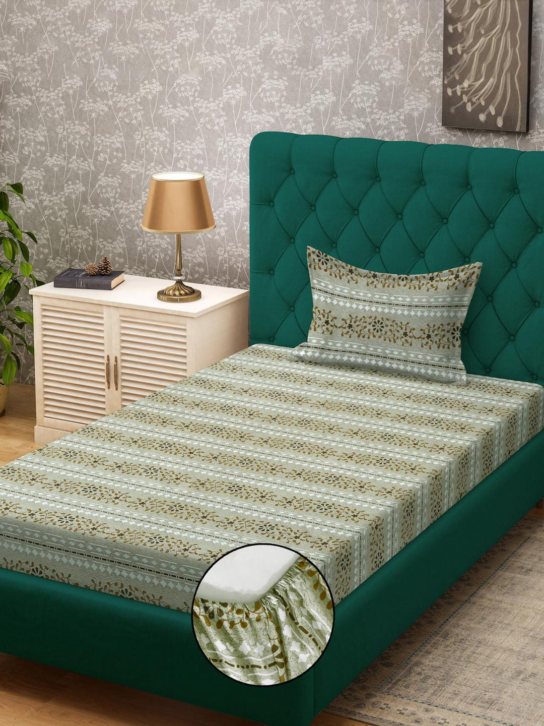 KLOTTHE Green Floral Cotton Single Bedsheets