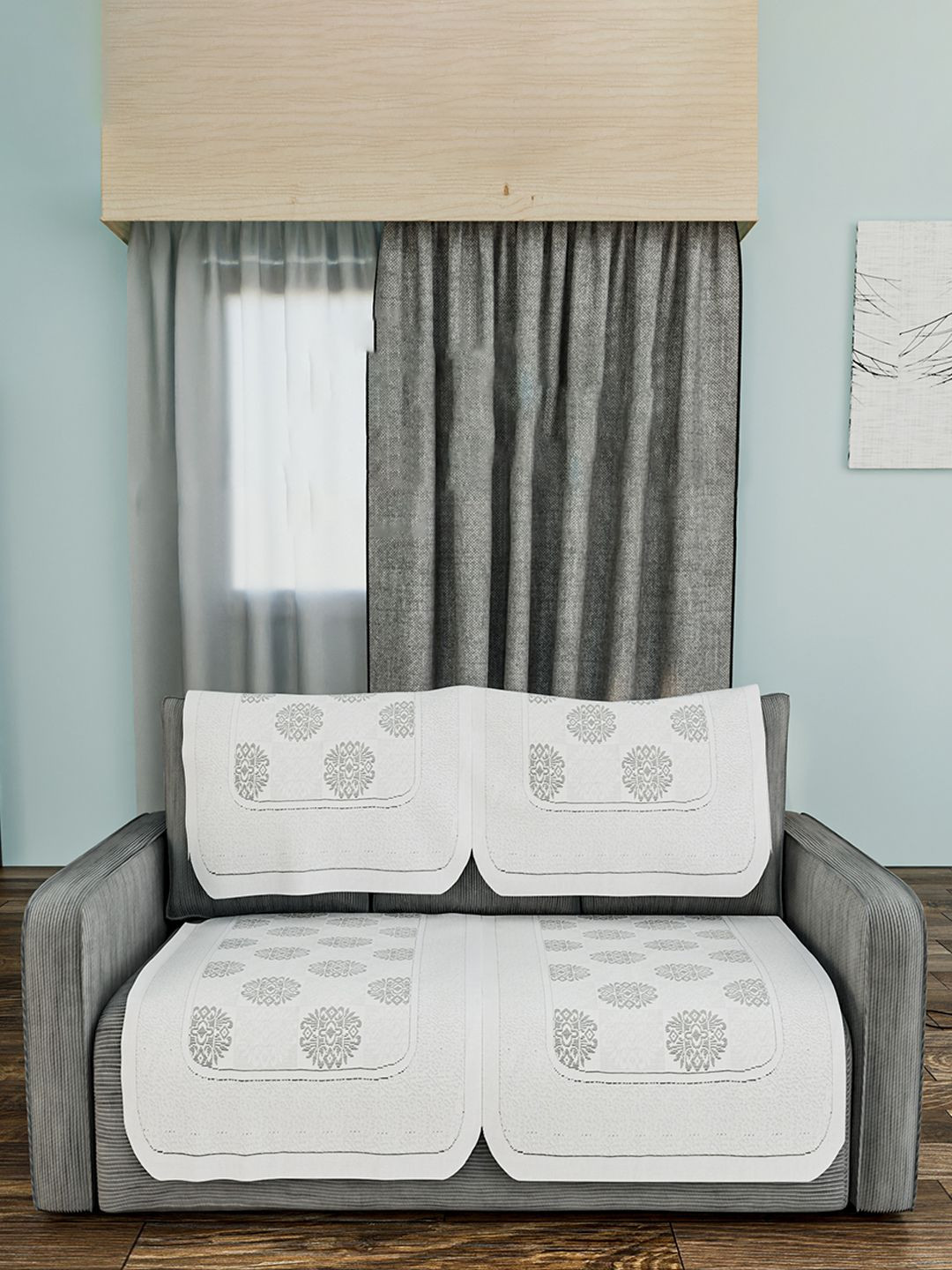 Kuber Industries Grey & White 4 Pieces Check Bright Flower Cotton 2 Seater Sofa Covers