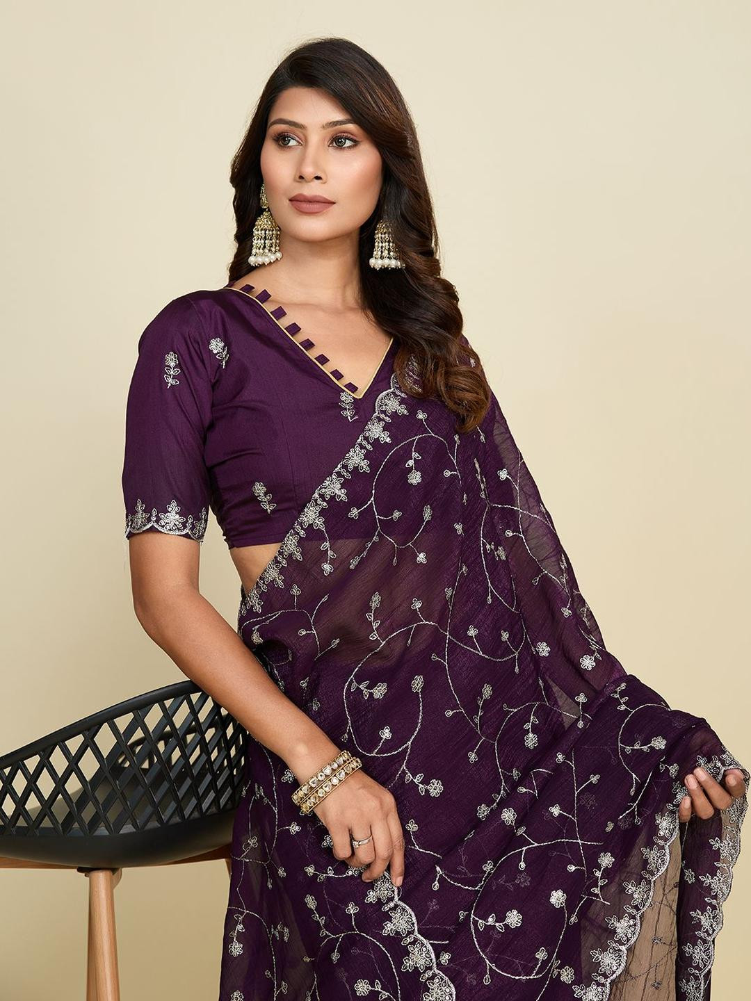 Elite Fashion Floral Embroidered Sequinned Pure Chiffon Saree And Unstiched Blouse Piece