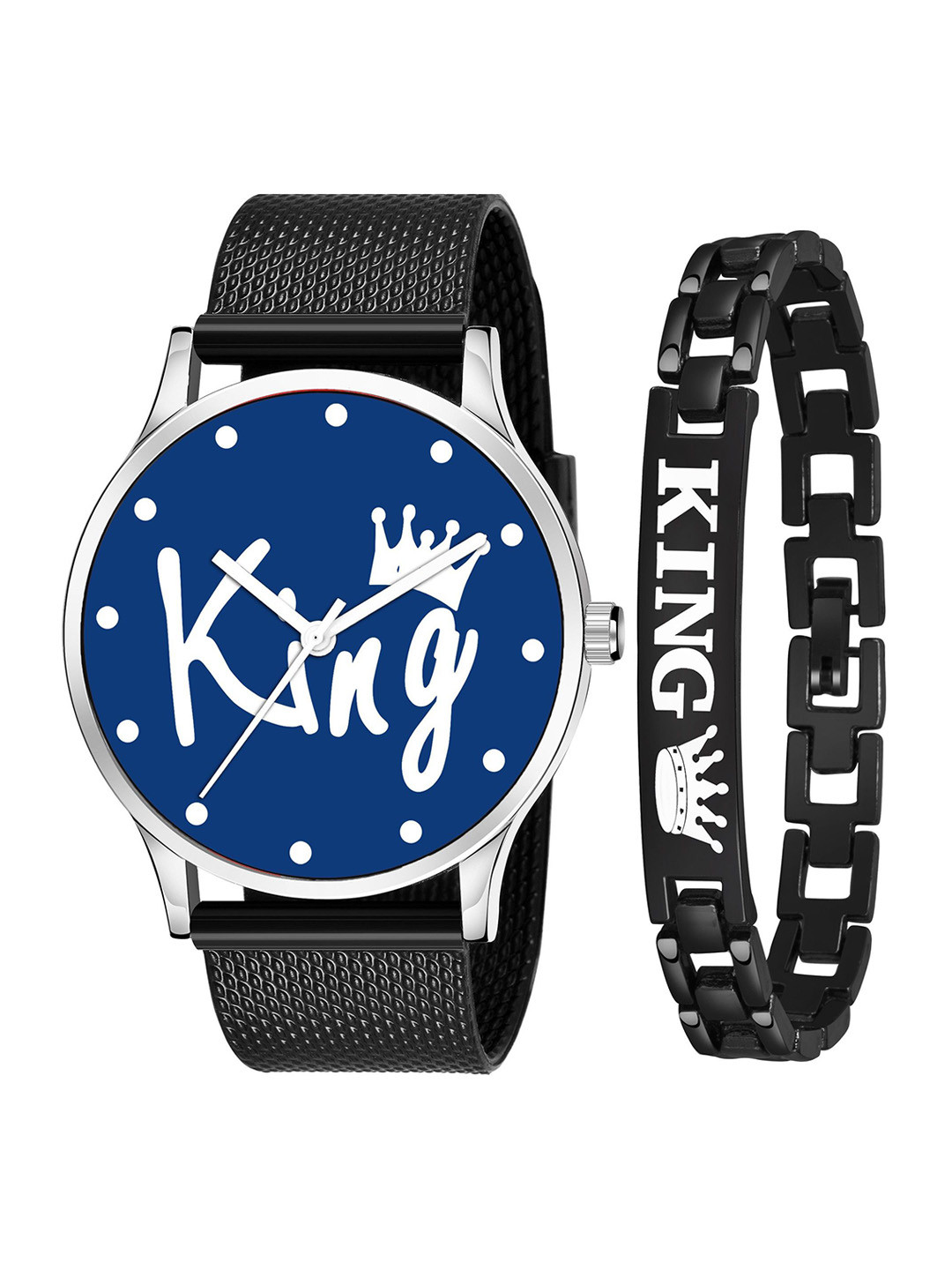 JUST LIKE Unisex Printed Dial Straps Analogue Watch 901 blue king & bk king Bracelet combo
