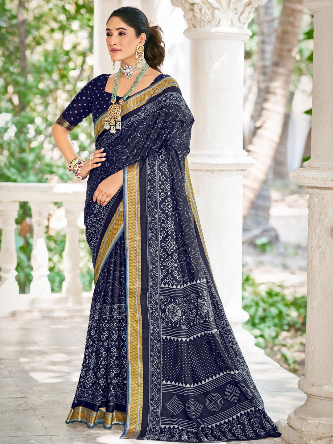 Munir Bandhani Print Pure Cotton Bagru Saree with Zari Border