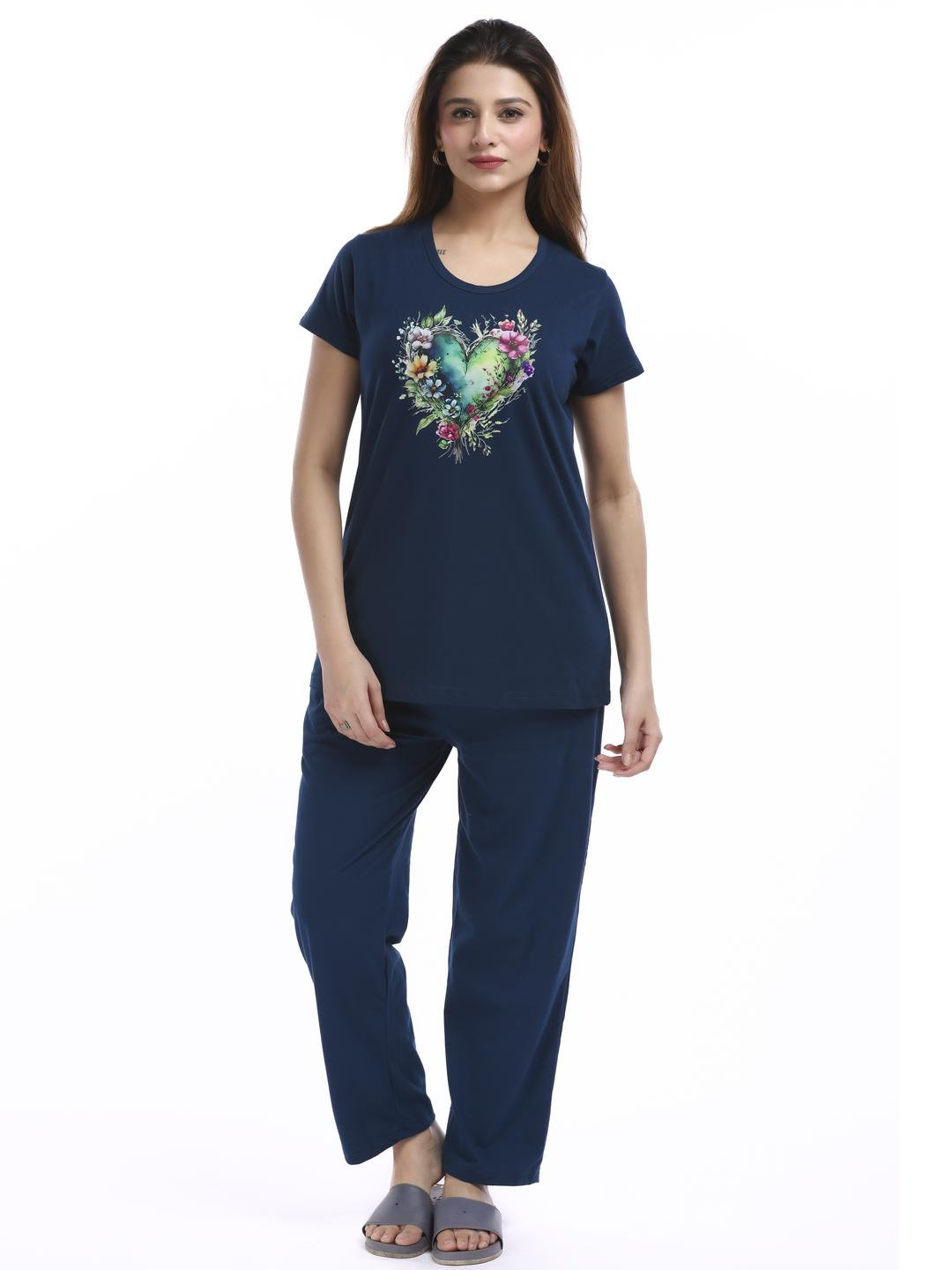 E-MAX Women Navy Blue Heart Printed Night suit