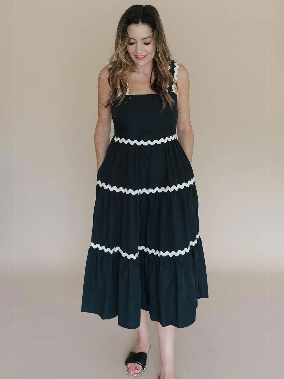 PTVIZE Women Square Neck Tiered Fit and Flare Midi Dress