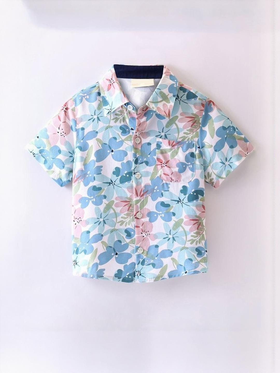 DUTT CREATION Boys Blue & Pink Floral Printed Button Down Collar Polycotton Shirt
