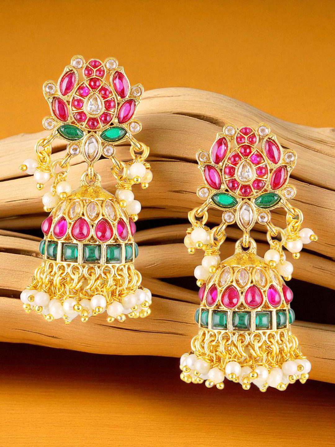 OOMPH Kundan Studded & Artificial Beaded Dome Shaped Jhaumkas