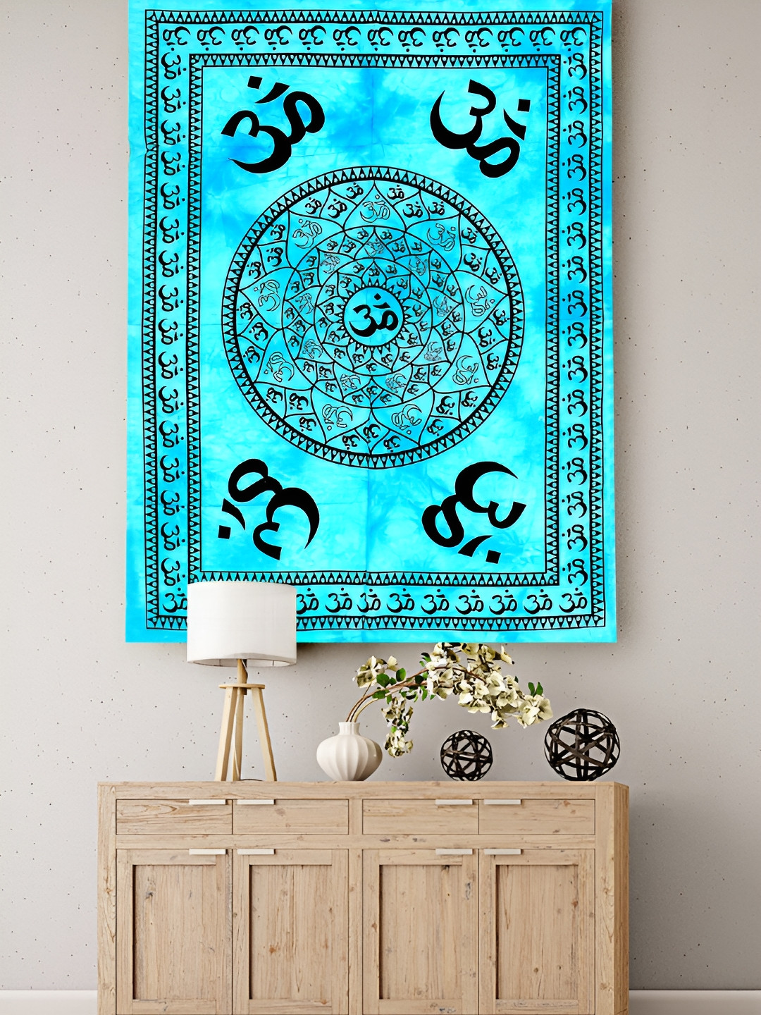 HANDICRAFT PALACE Blue & Black Om Mandala Printed Pure Cotton Wall Hanging Tapestry