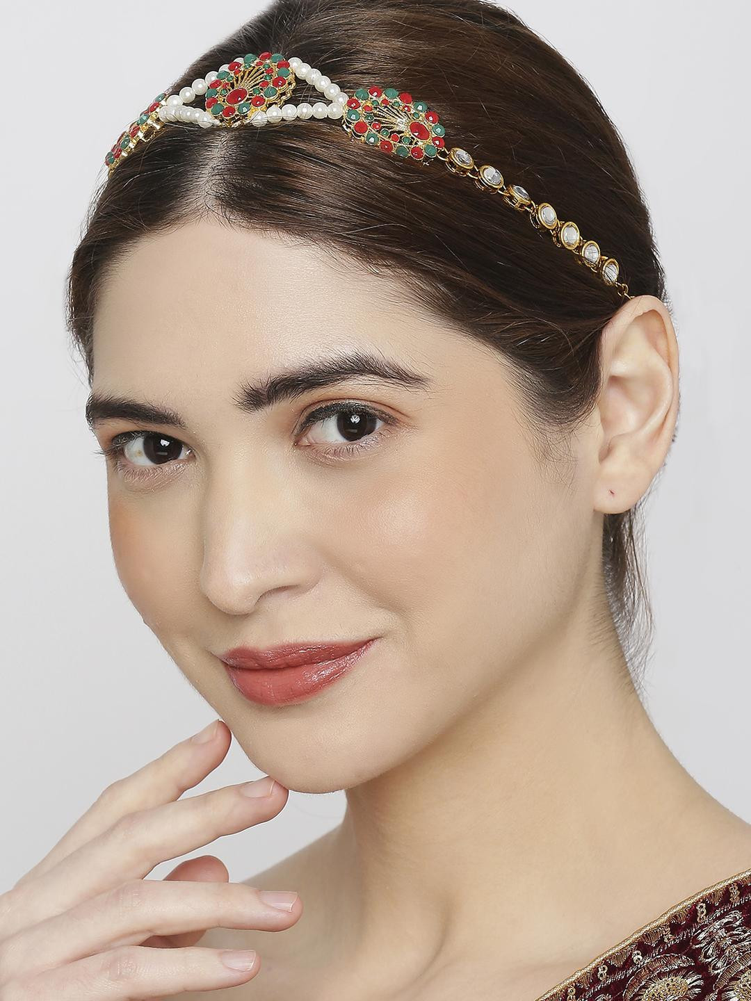 Anouk Gold Tone Green & Red Kundan & Pearls Ethnic Jadau Hair Chain