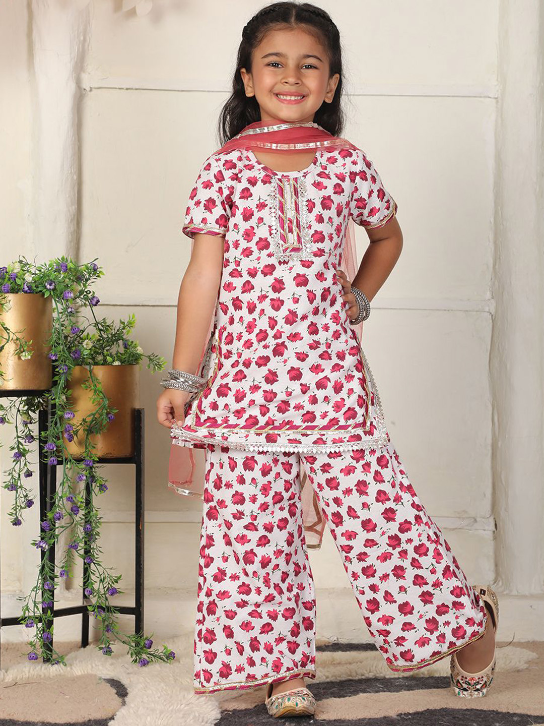 Cutiekins Girls Floral Printed Empire Gotta Patti Kurta with Palazzos & Dupatta Kurta Sets