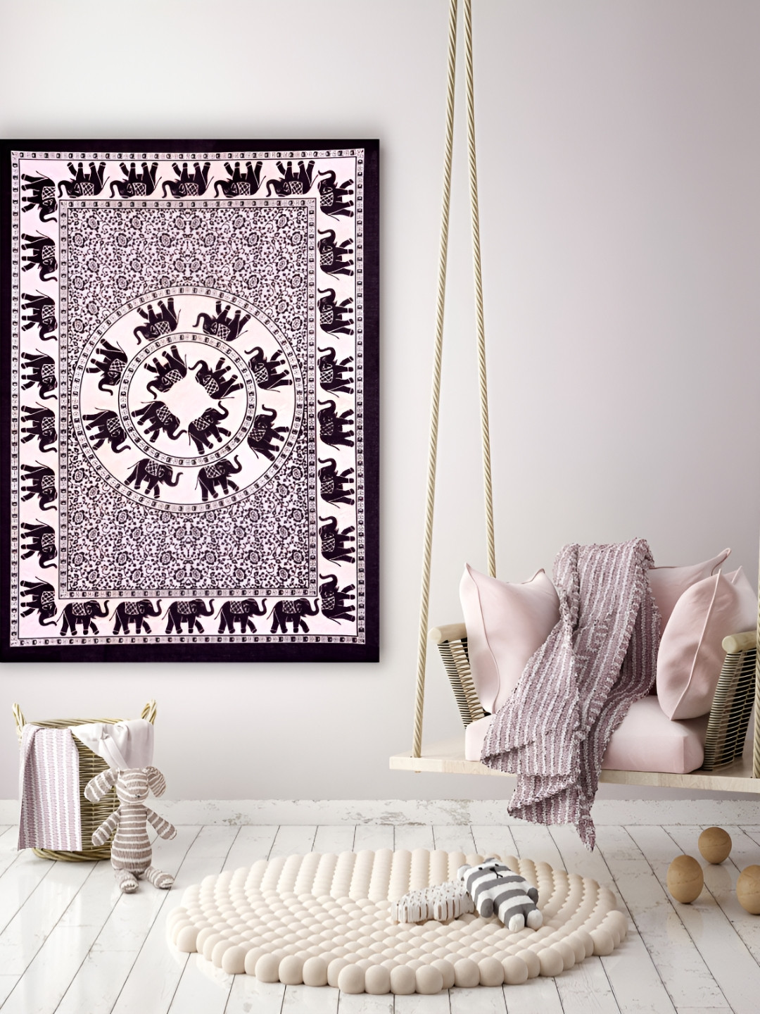 HANDICRAFT PALACE Black & White Elephant Mandala Printed Pure Cotton Wall Hanging Tapestry