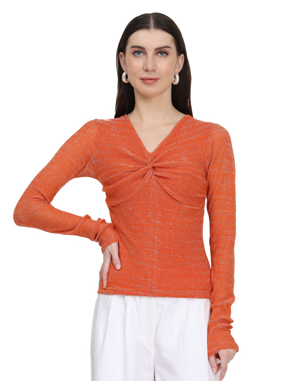 KELIN Women V-Neck Solid Satin Party Top