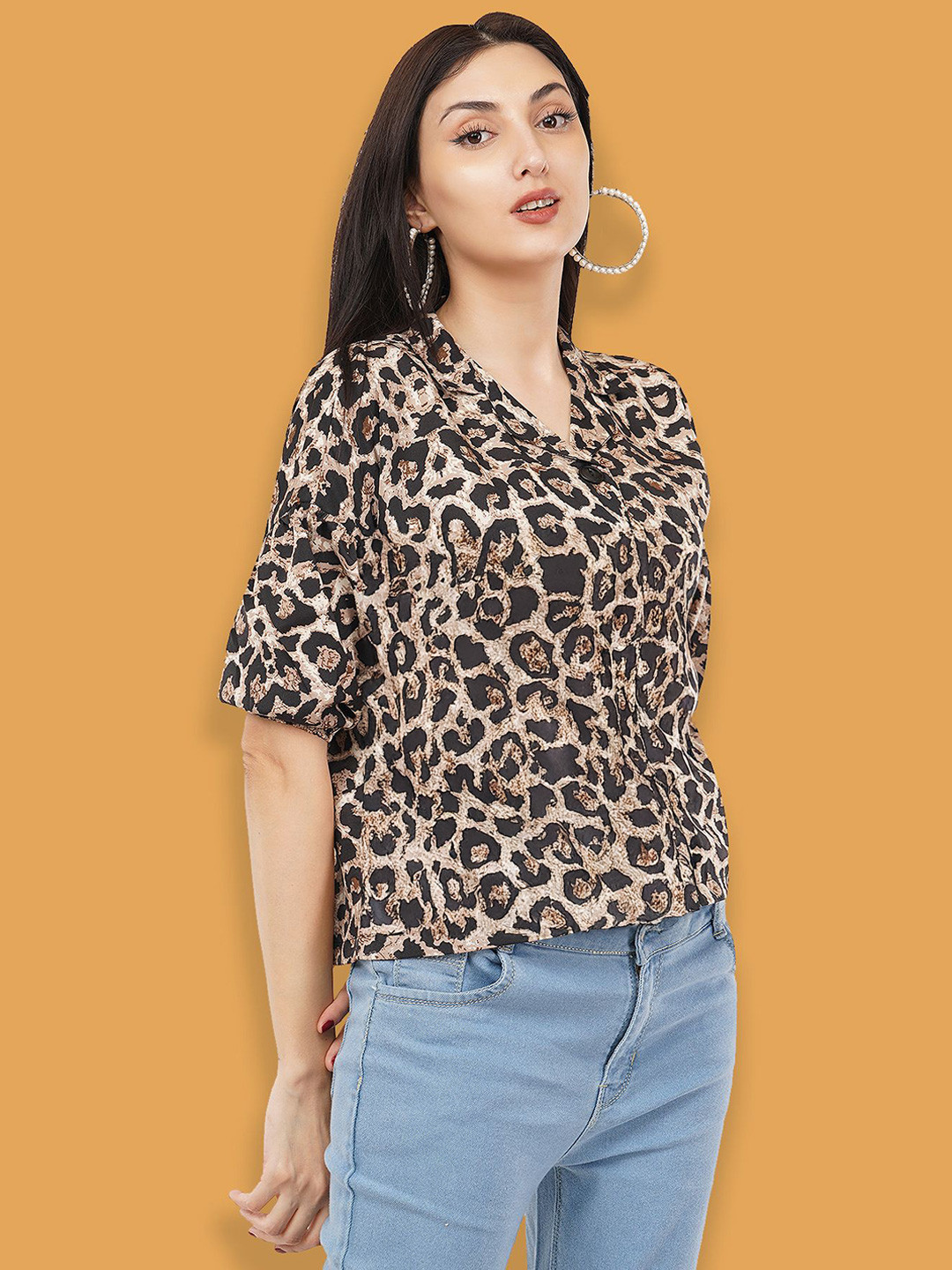 Glitter fashion Women Standard Fit Animal Printed Cuban Collar Casual Shirt