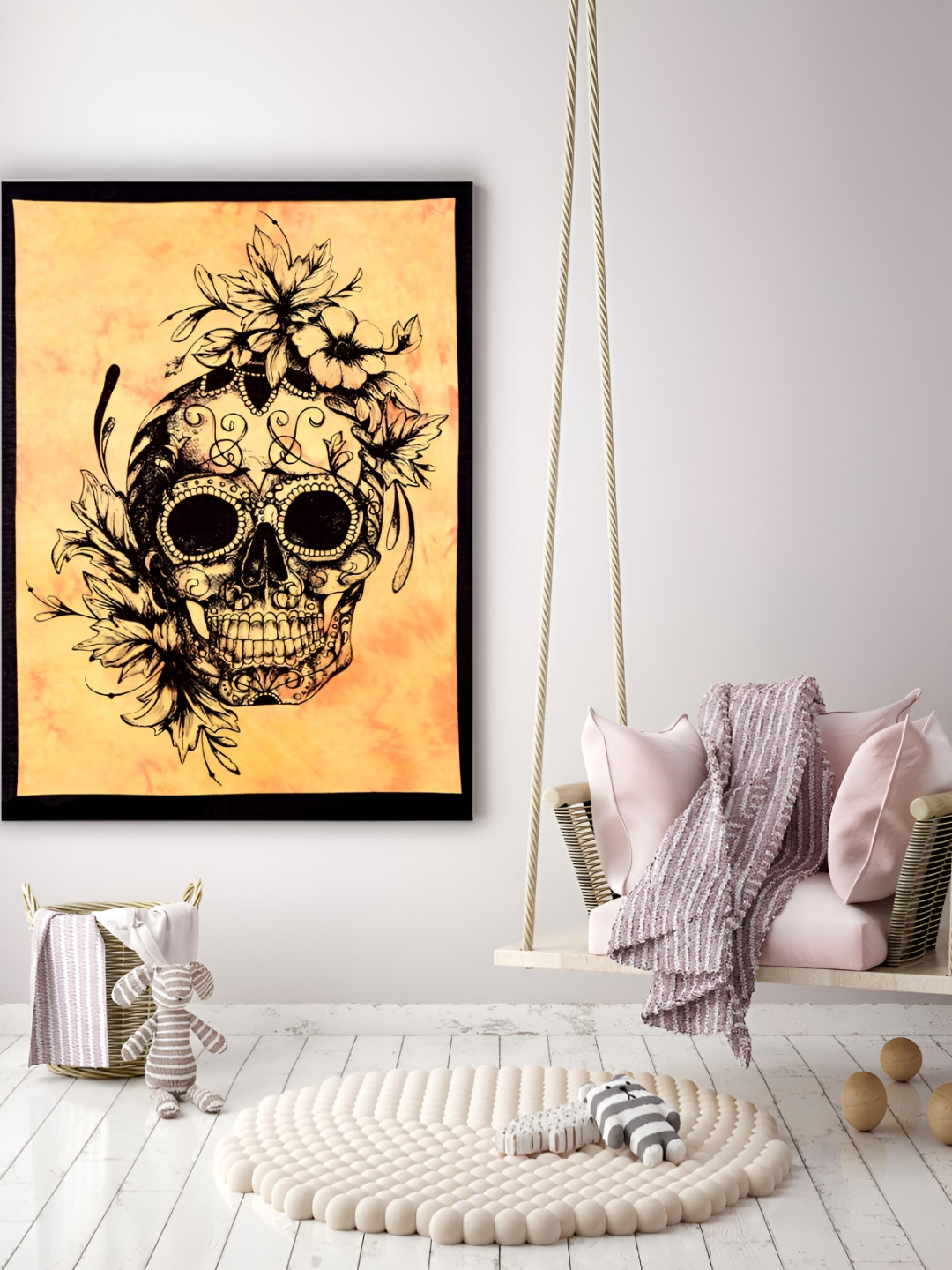 HANDICRAFT PALACE Yellow & Black Skull Printed Pure Cotton Wall Hanging Tapestry
