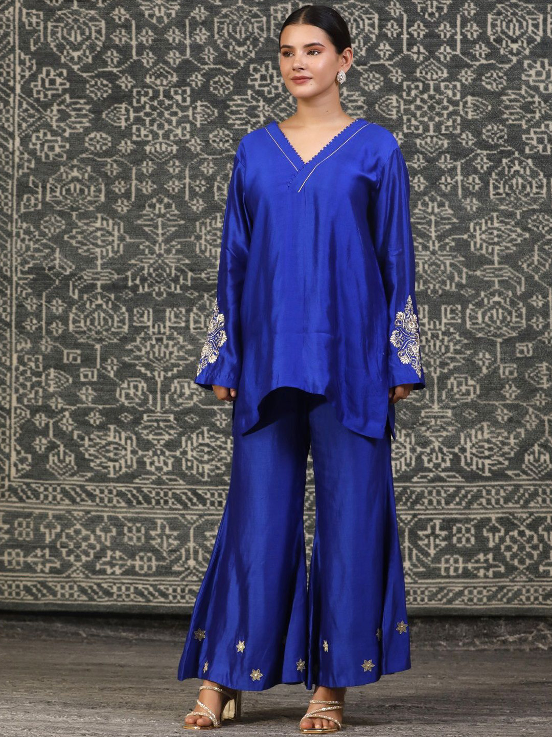 Eeda Women Ethnic Motifs Embroidered Silk A-Line Kurta with Palazzos