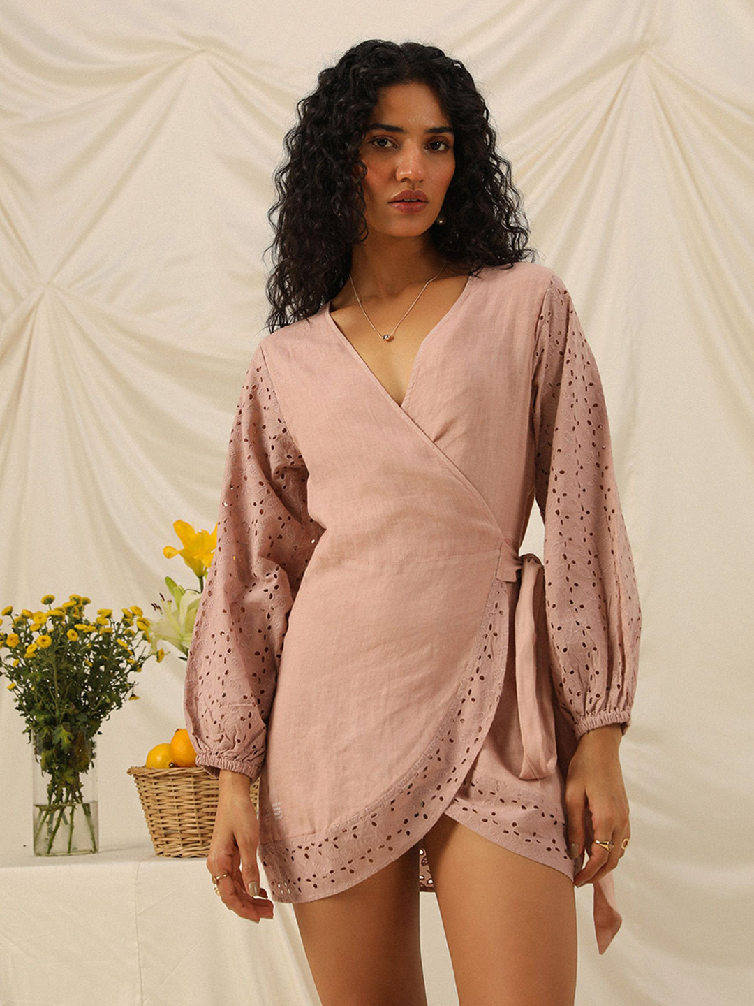 PRIMAL GRAY Women Floral Schiffli Embroidered Belted Puff Sleeve Wrap Mini Dress