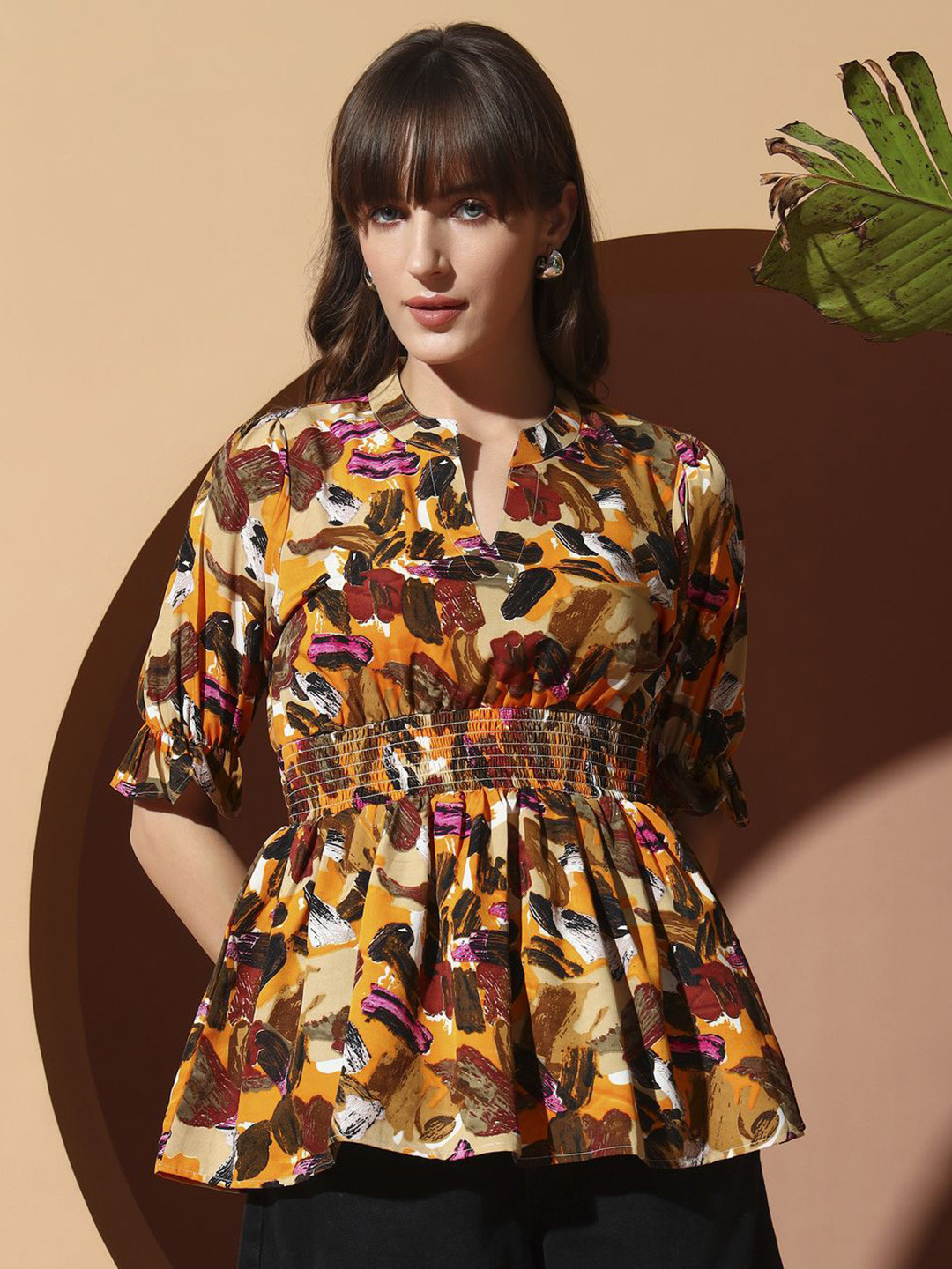 ZWERLON Printed Puff Sleeve Smocked Top