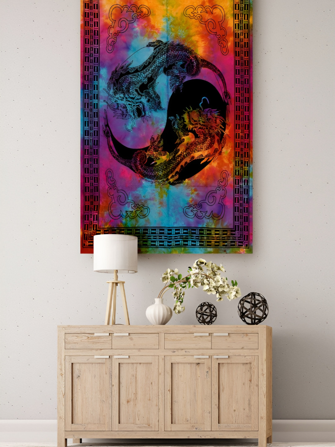 HANDICRAFT PALACE Pink & Black Dragon Yin Yang Printed Pure Cotton Wall Hanging Tapestry