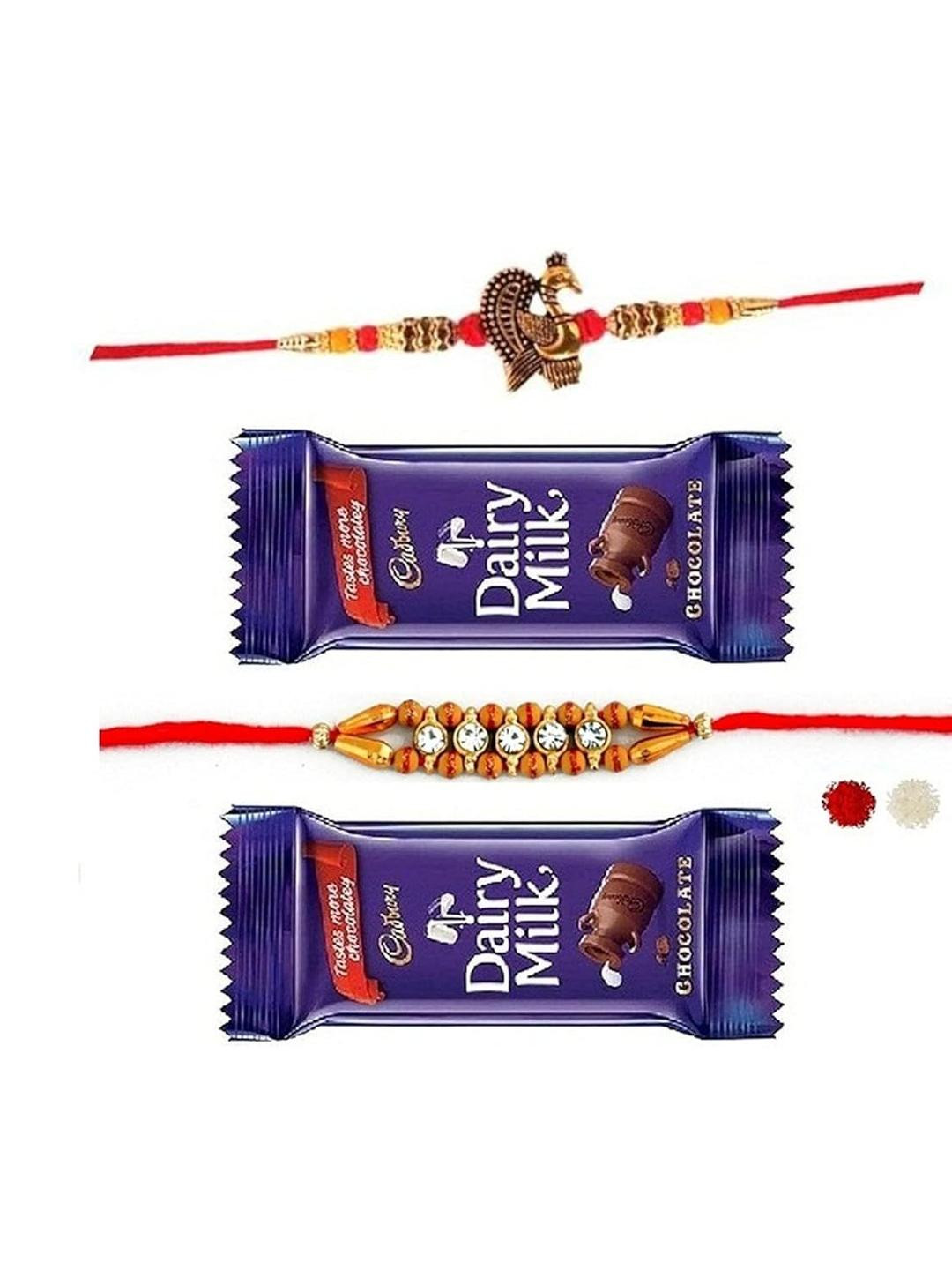 VR Creatives Set with 3 Chocolate With Diamond Line and Peacock Rakhi Gift Set