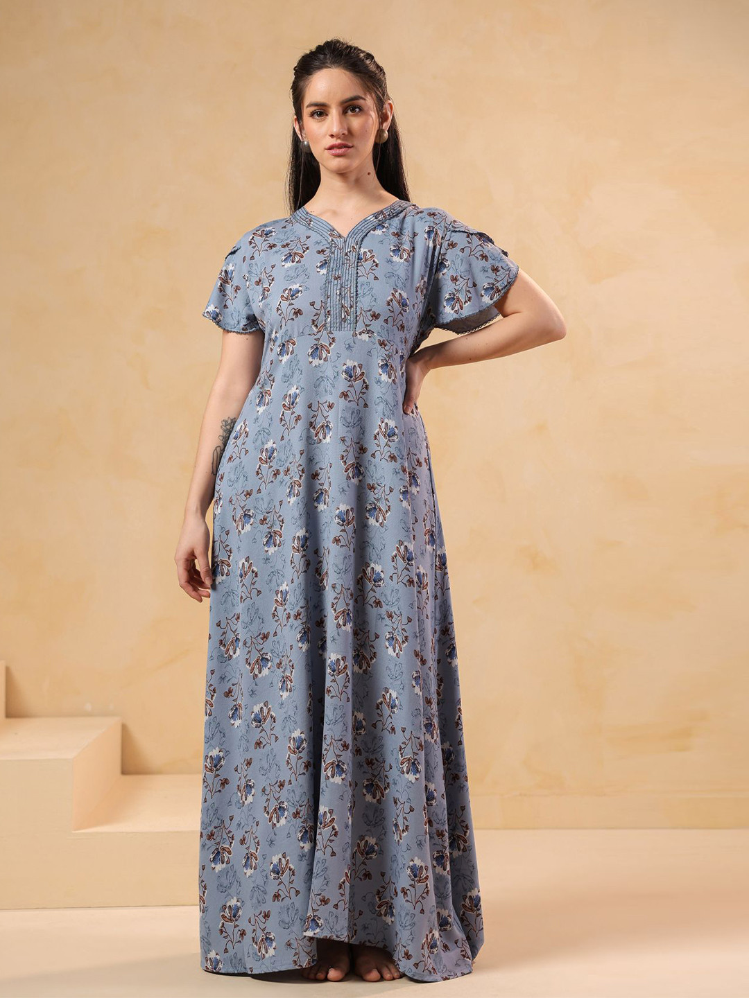 NIGHTSPREE Floral Printed Short Ruffle Sleeves Maxi Nightdress