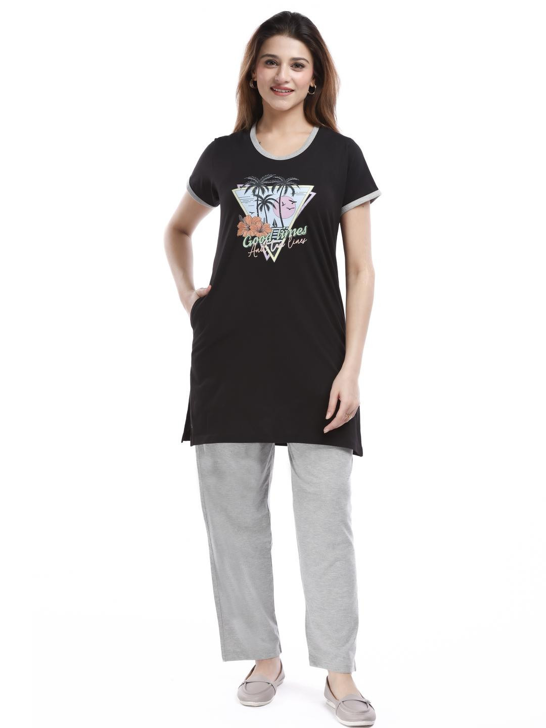 E-MAX Graphic Printed Round Neck Night suit