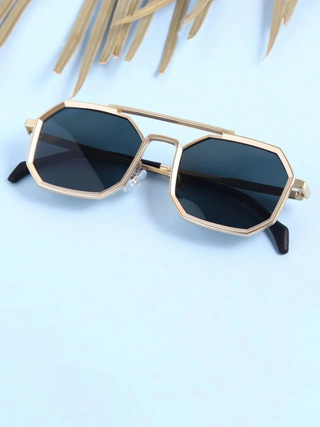 SPADEACES Unisex Hexagonal Sunglasses with UV Protected Lens GOLD BLACK POLYGON -288