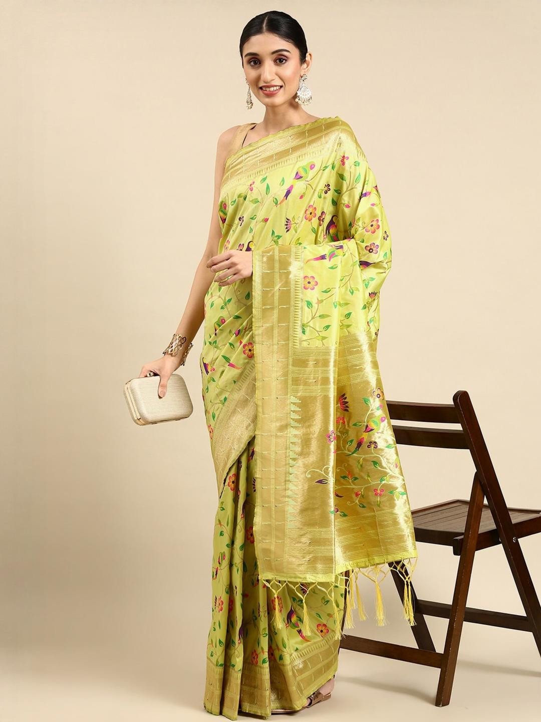 KALINI Lime Green Silk Blend Woven Design Sarees